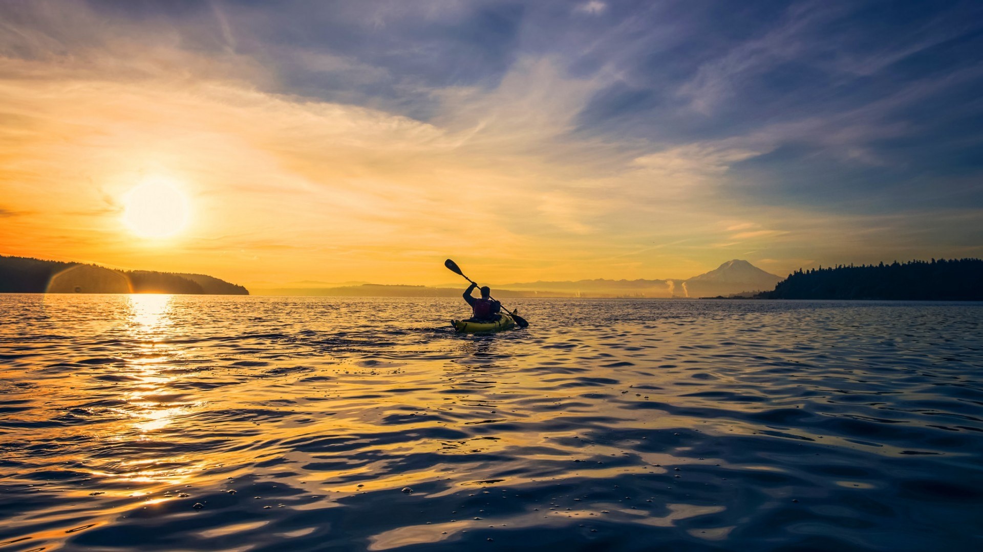 Nature Landscape Sea Coast Sun Clouds Lens Flare Men Canoes Paddle Horizon Hills Trees Forest Mounta 1920x1080