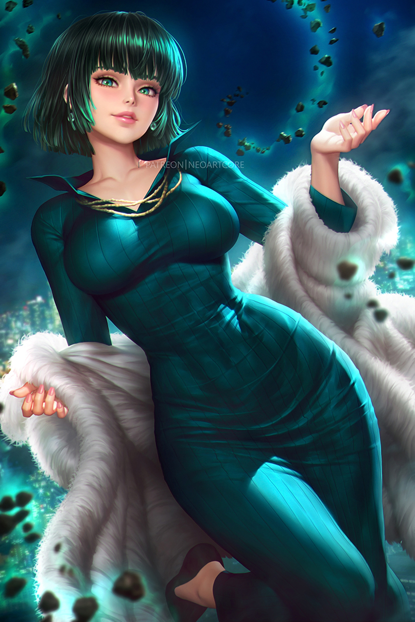 Drawing One Punch Man Women Fubuki Green Hair Short Hair Bob Hairstyle Bangs Dress Fur Coats Fur Flo 854x1280