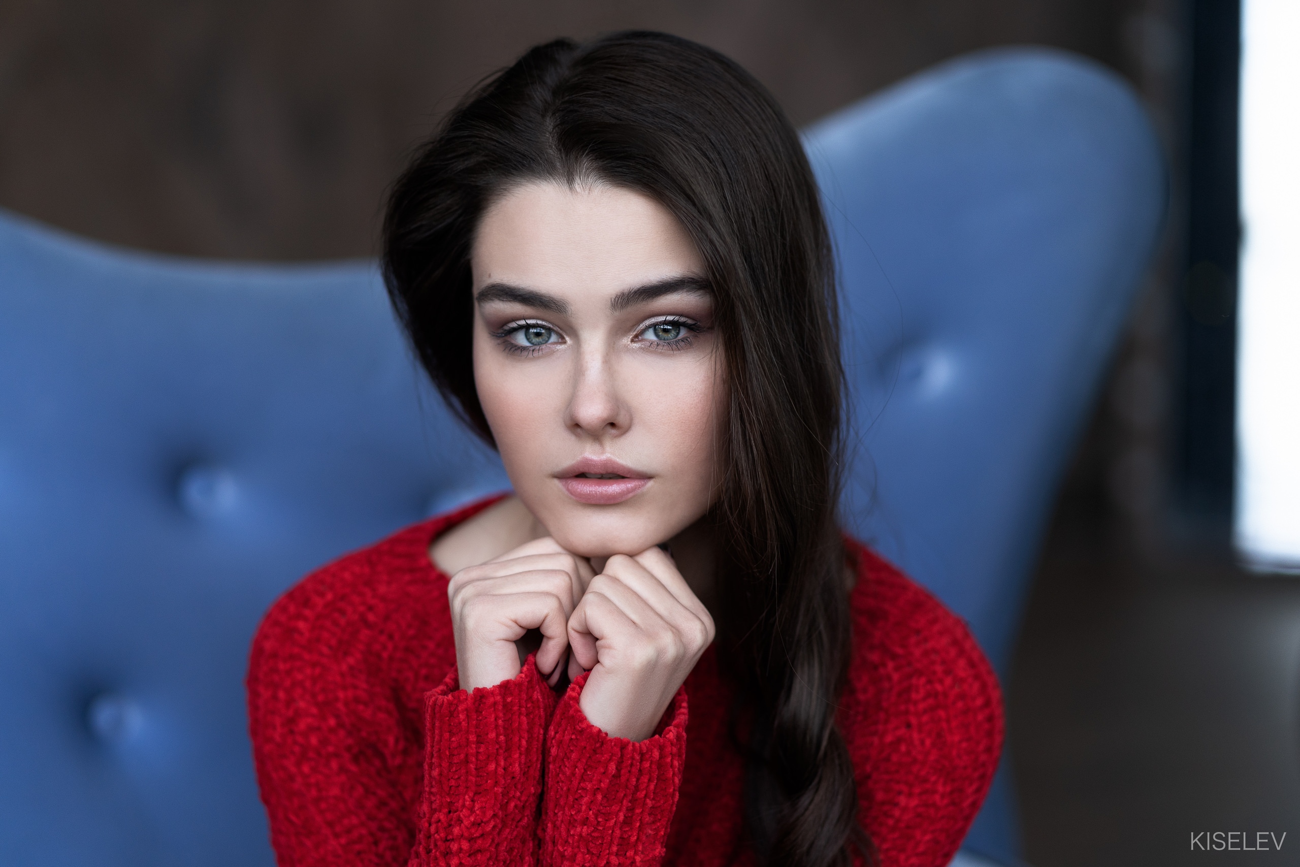 Women Portrait Long Hair Face Pink Lipstick Red Sweater Alexander Kiselev Bogdana 2560x1707