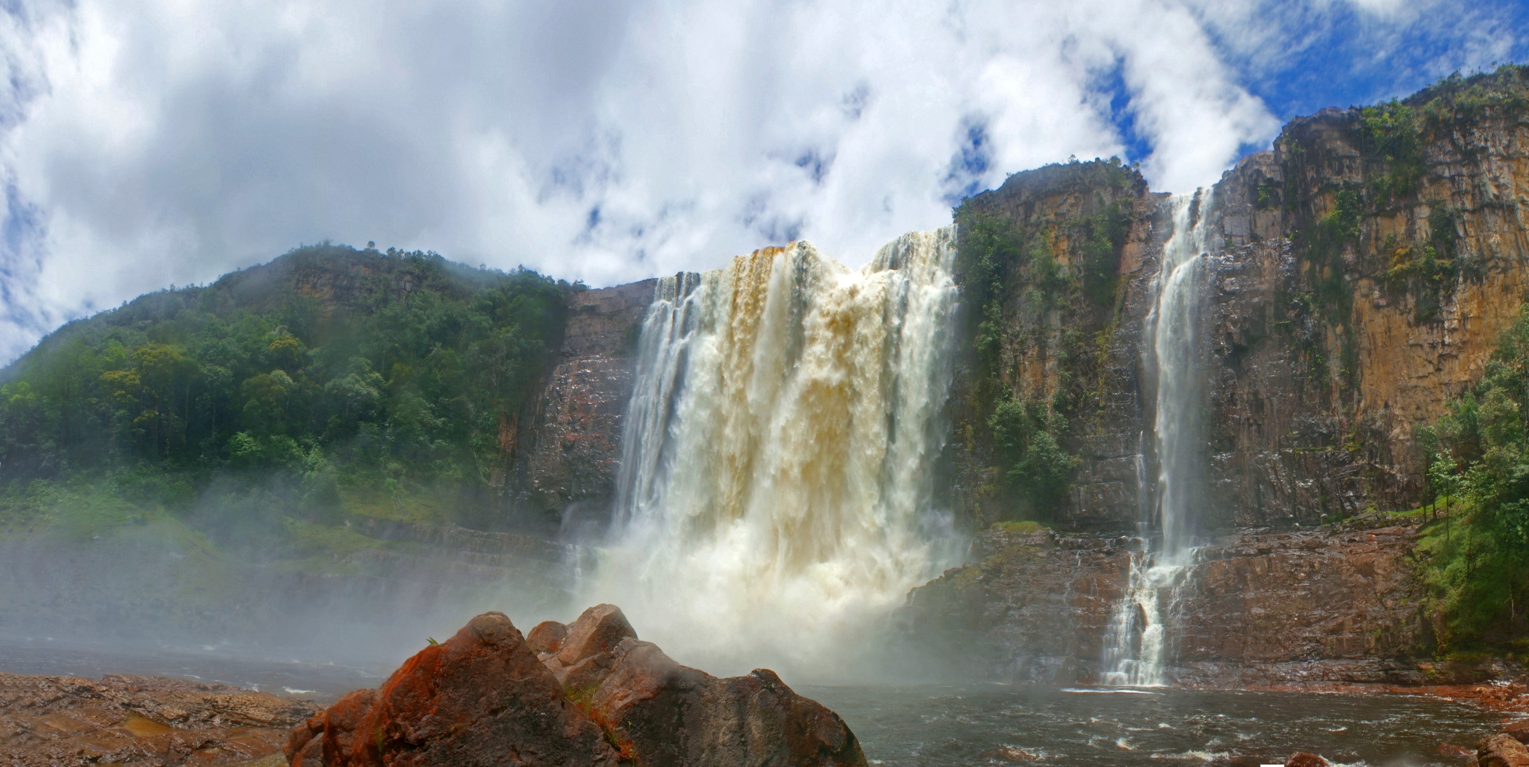 Nature Landscape Venezuela Waterfall Cliff River Tropical Forest Clouds 3072x1541
