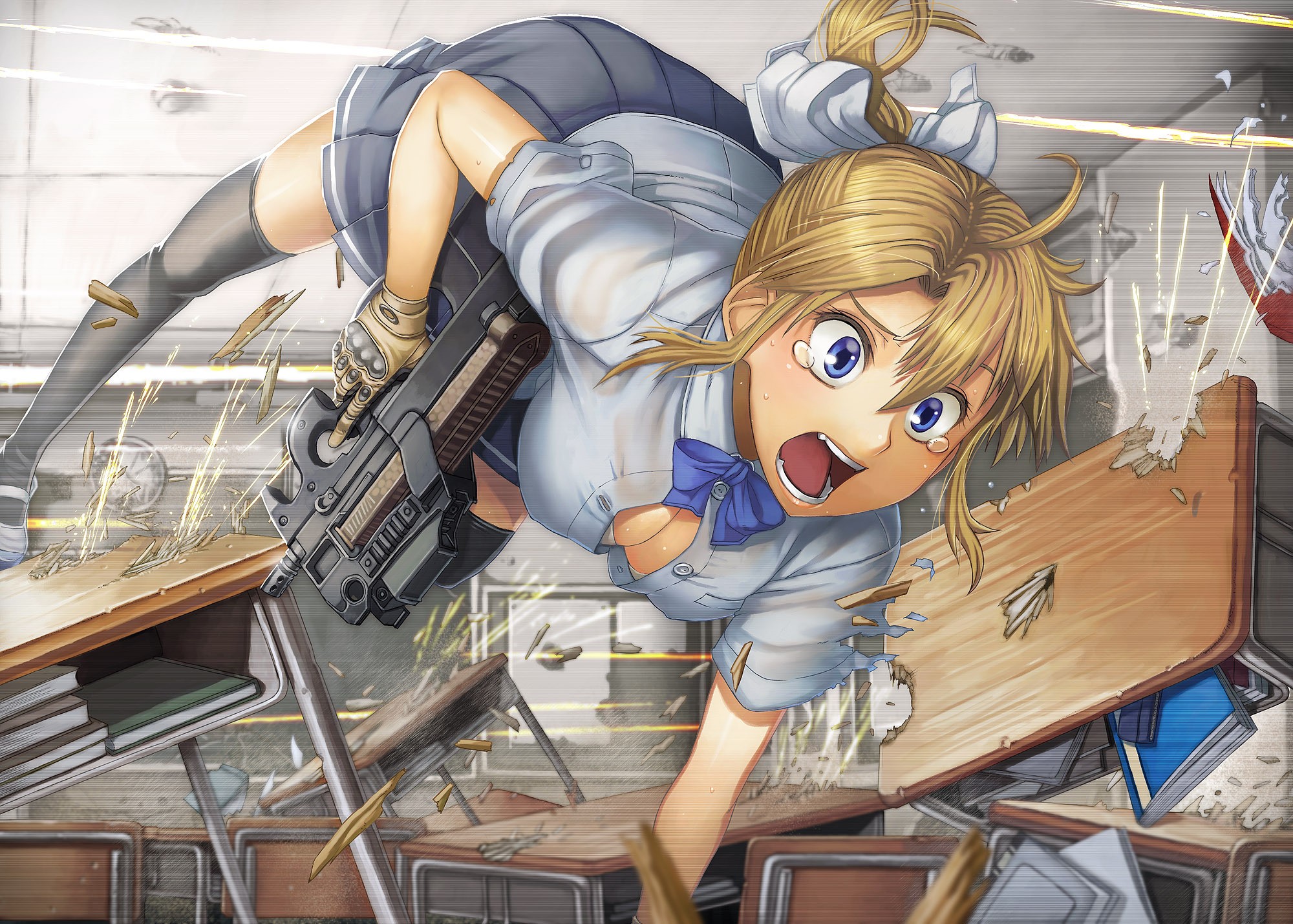 Anime Girls School Uniform Weapon FN P90 2000x1429