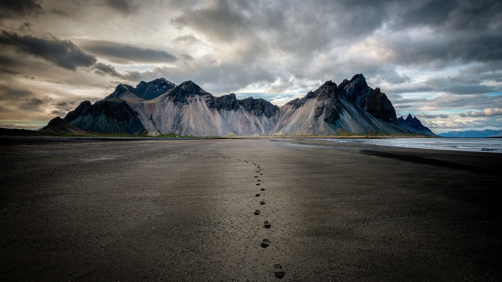 Nature Landscape Mountains Clouds Iceland Footprints Beach Sand Sea Coast Snowy Peak 1920x1080