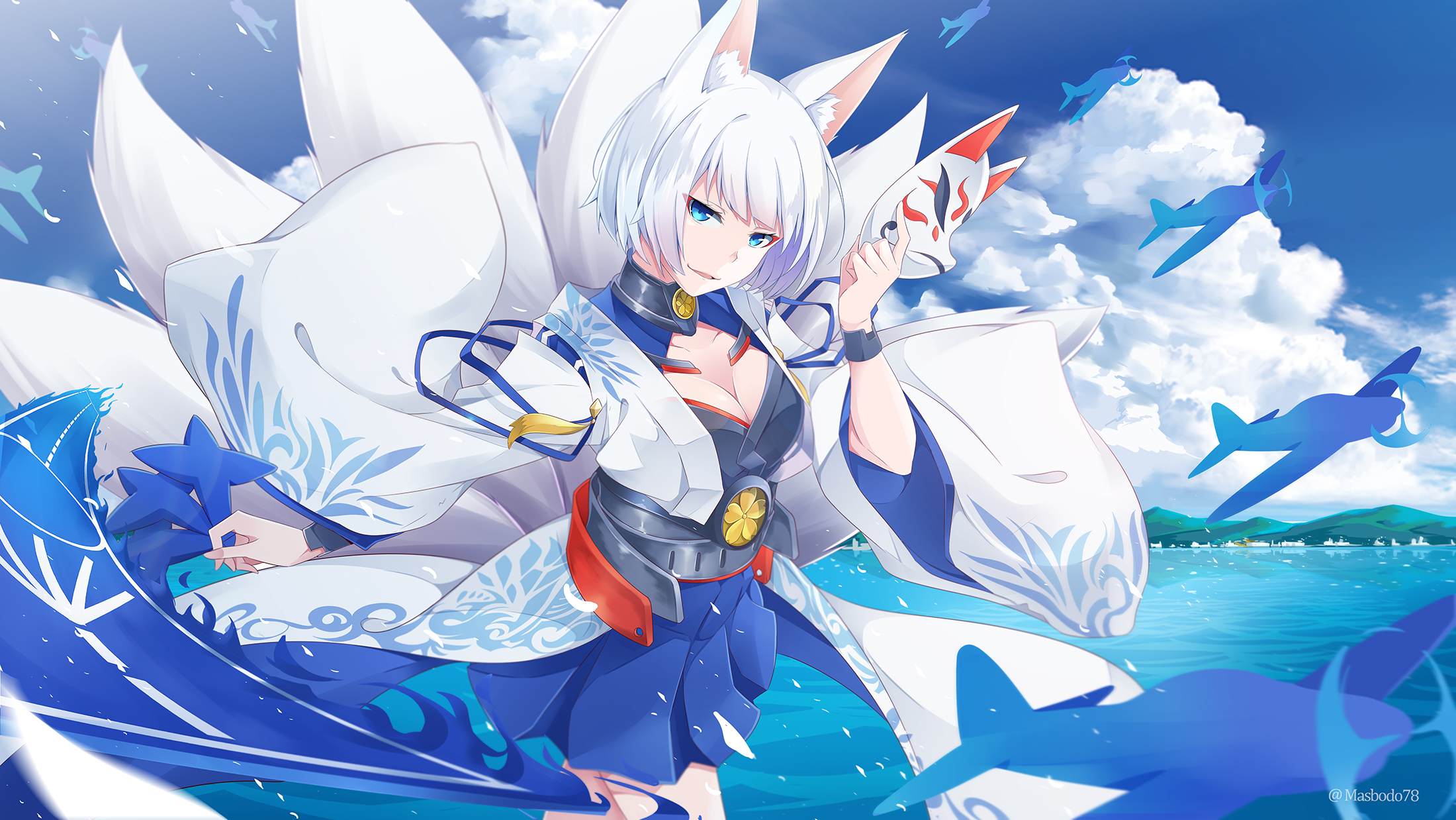 Nine Tails Fox Ears White Hair Ocean View Azur Lane Kaga Azur Lane Anime 2200x1238