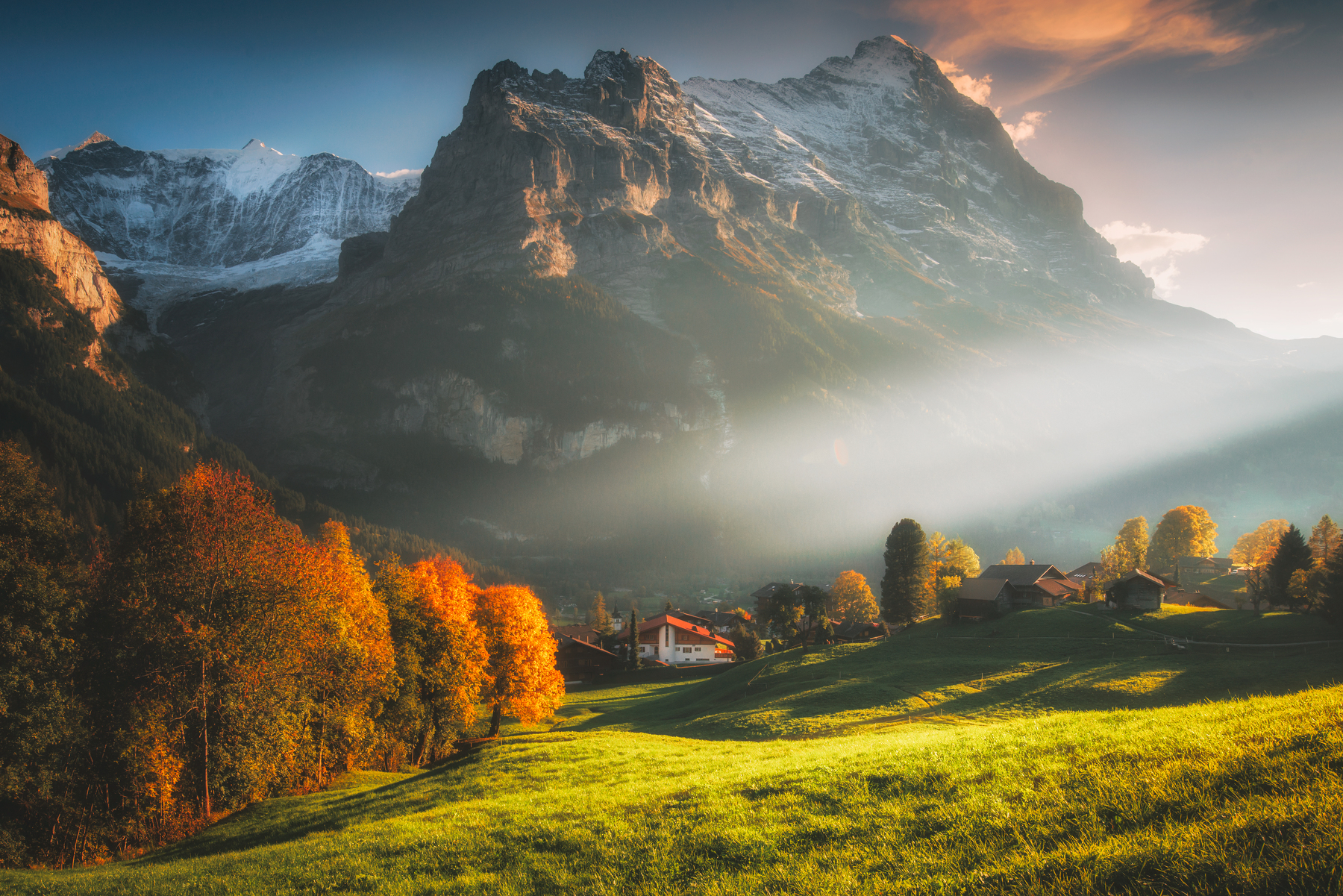 Swiss Alps Switzerland Snowy Peak Mountains Field Trees Landscape Village Forest Grass Sunlight Sun  1800x1201