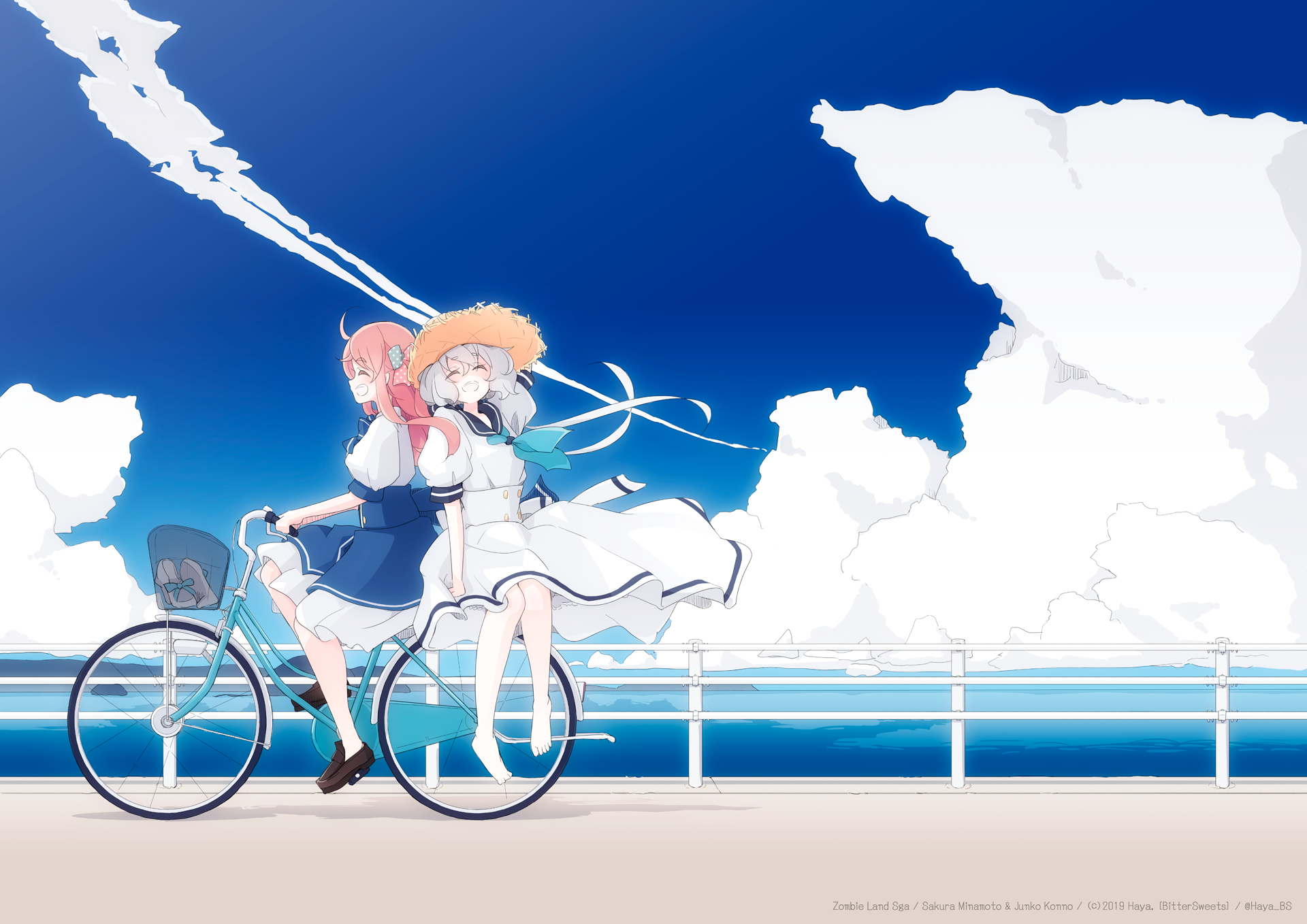 Zombieland Saga Anime Girls Long Hair 2D Fan Art Bycicle White Dress Clouds Coast Smiling Straw Hat  1920x1358