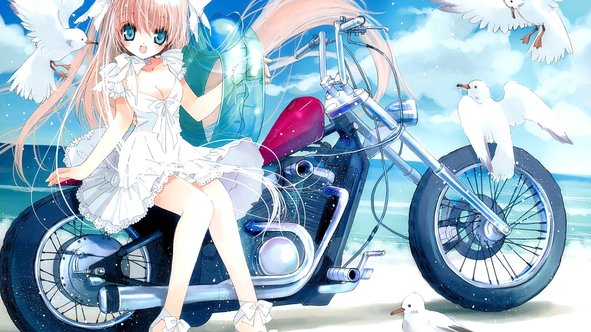 Anime Anime Girls Blonde Long Hair Blue Eyes Looking At Viewer Original Characters Motorcycle Inflat 1920x1080