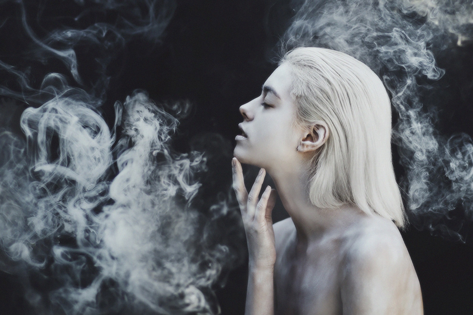 Women Jovana Rikalo Blonde Portrait Closed Eyes Profile Bare Shoulders Smoke Model 1980x1320