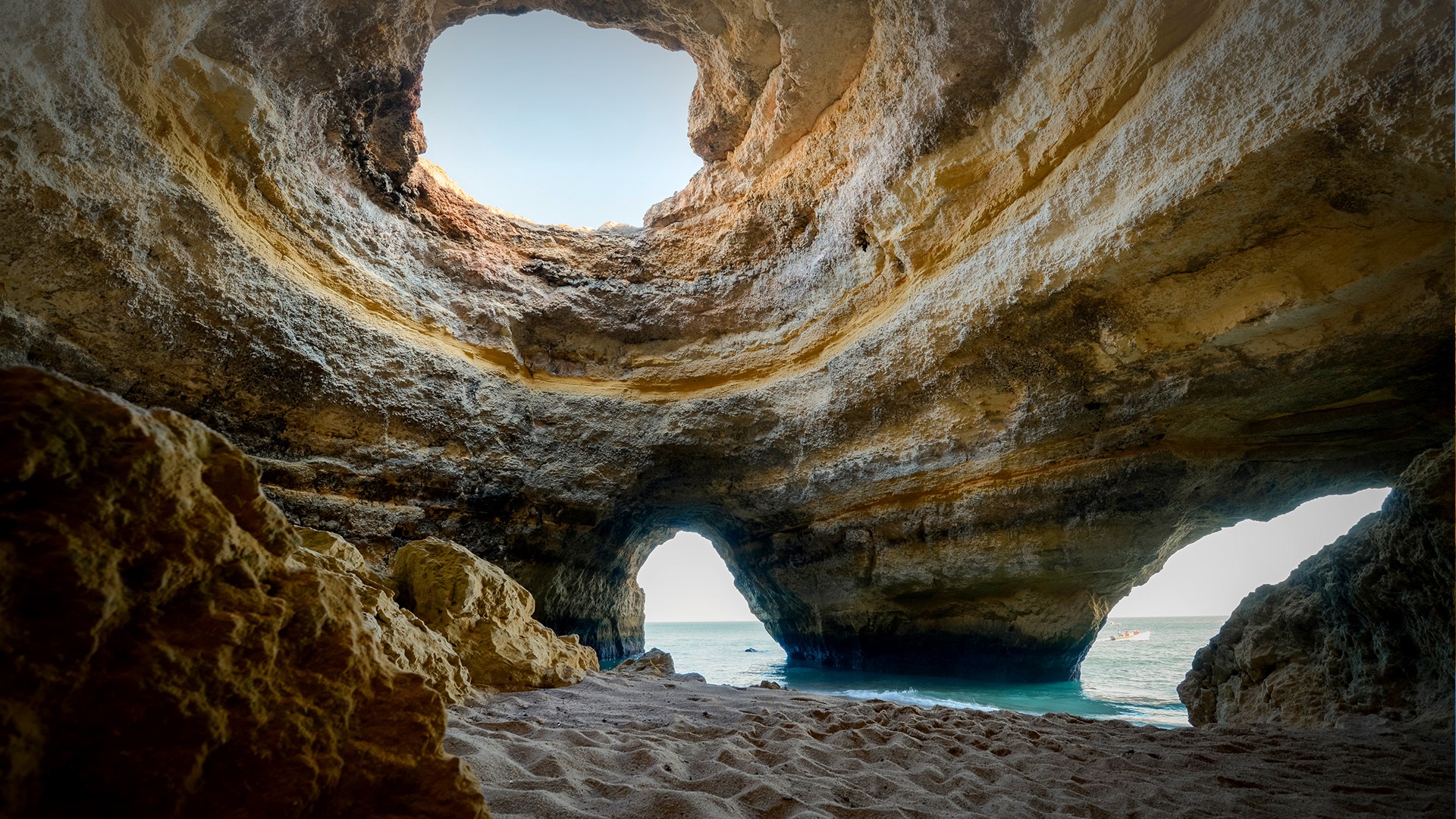 Nature Landscape Cave Sand Water Sky Algarve Portugal Portugal 1920x1080