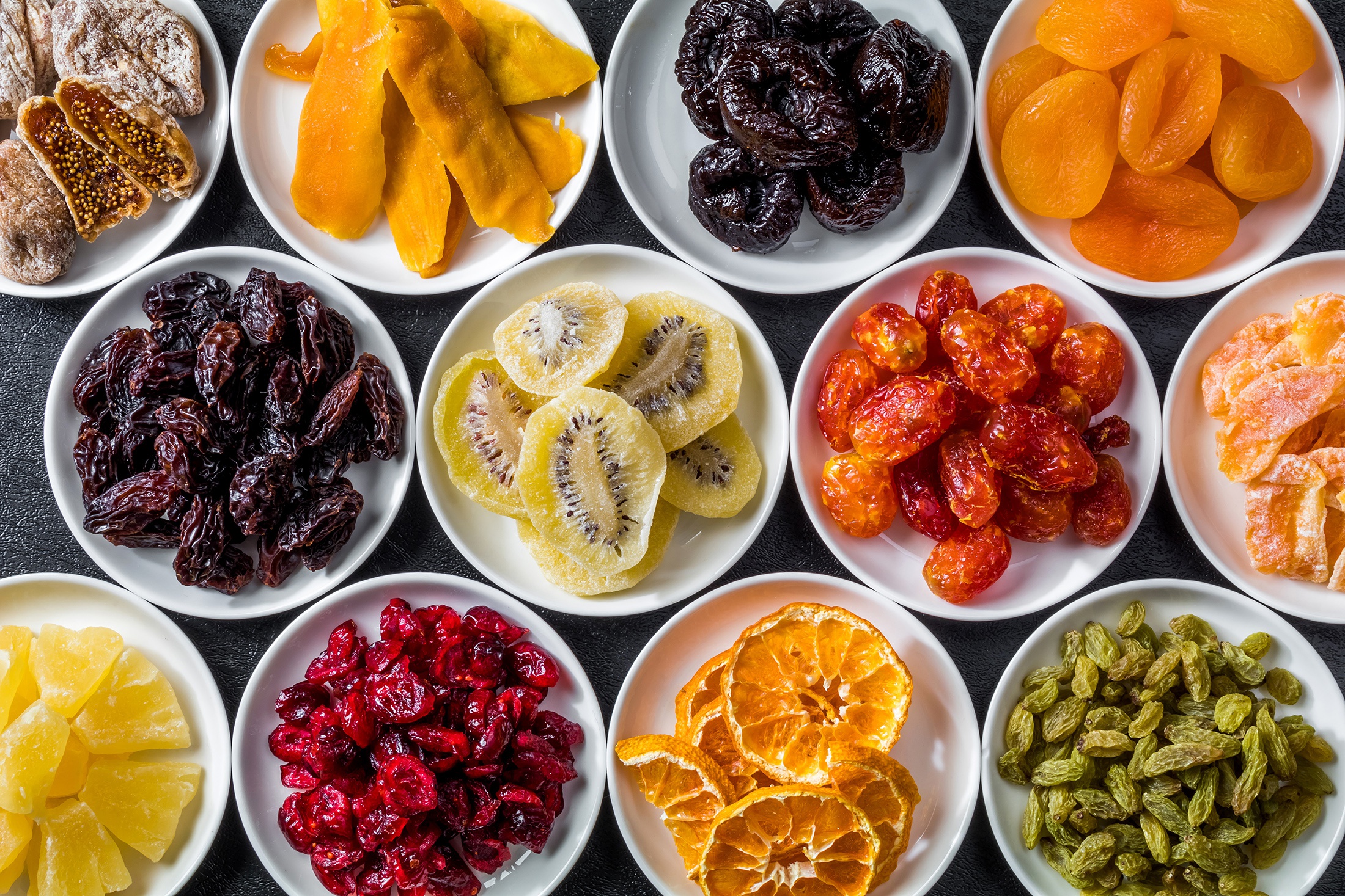 Colorful Food Fruit Orange Fruit Plums Fruits Kiwi Fruit Raisins Top View 2200x1467