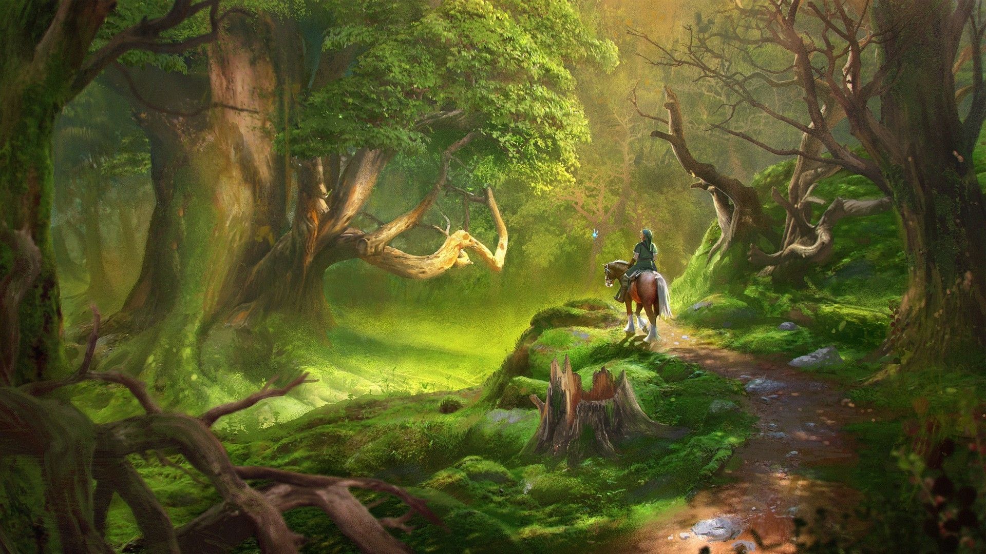 Link Forest Painting Artwork Video Game Art The Legend Of Zelda Navi Trees Green 1920x1080