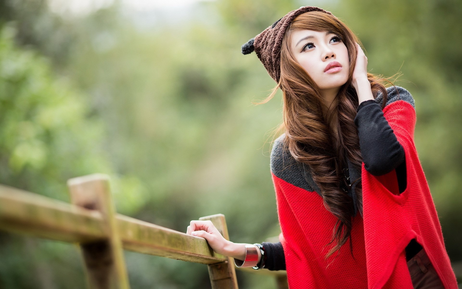 Women Woolen Brunette Asian Ponchos Blue Eyes 1920x1200