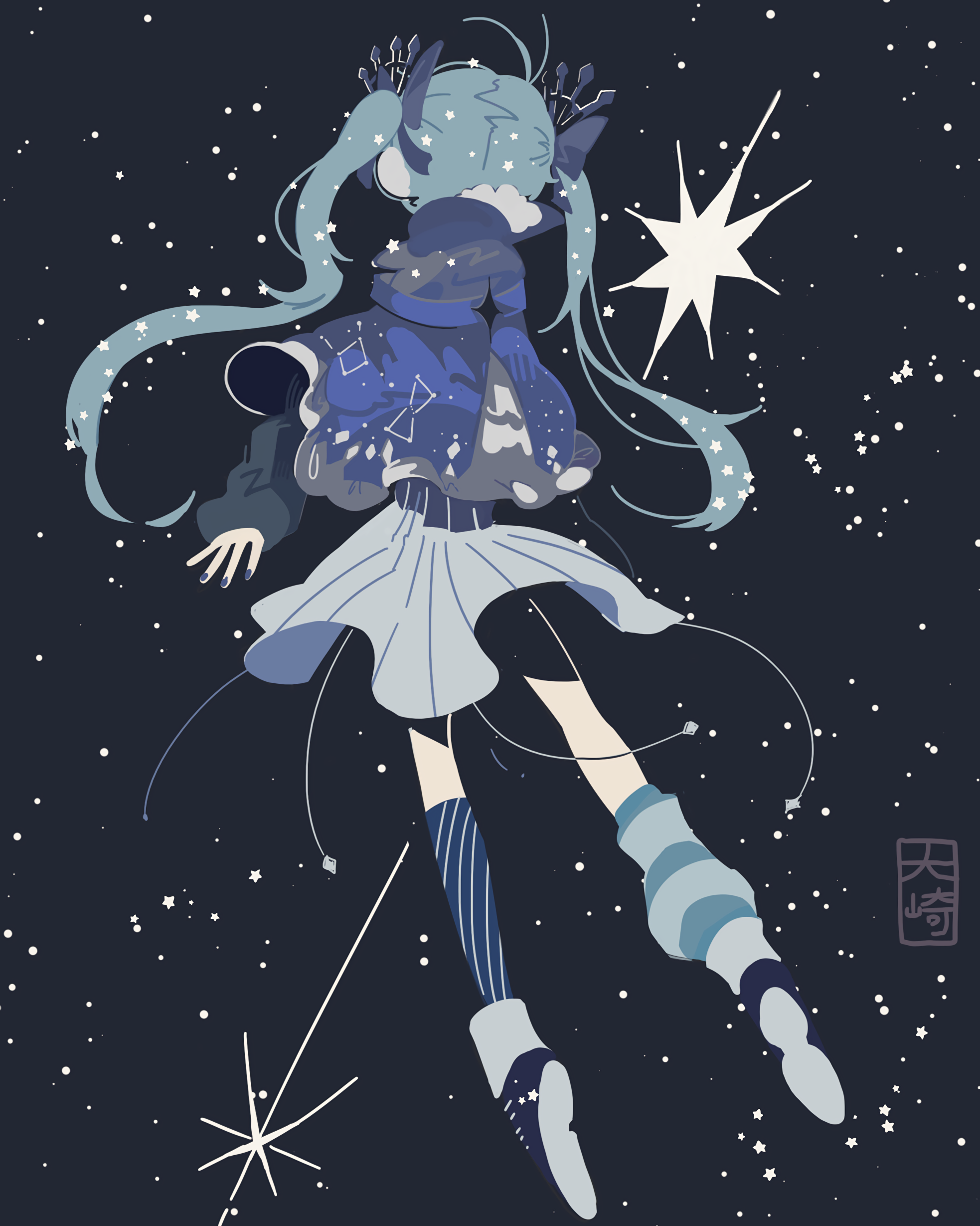Anime Anime Girls Twintails Scarf Blue Hair Blue Skirt Socks Striped Socks Snow Flakes Long Hair Det 1966x2458