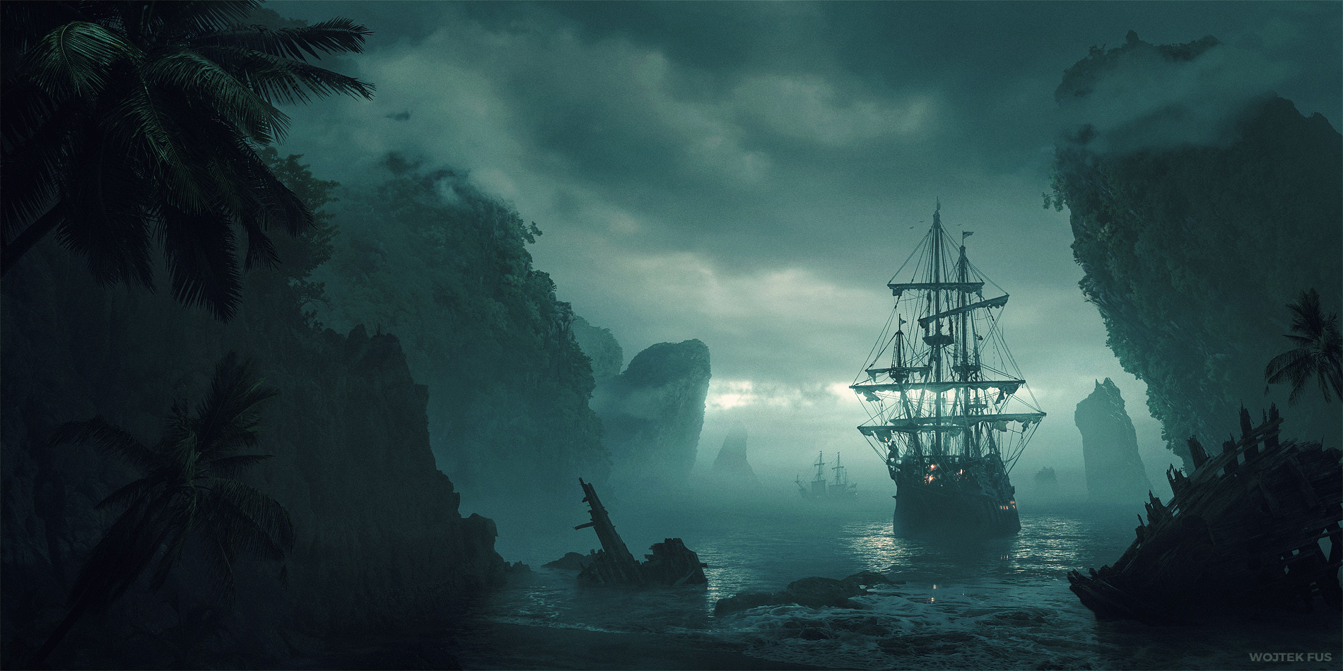 Landscape Artwork Concept Art Trees Beach Coast Ship Pirate Ship Mist Dark Clouds Shipwreck Wojtek F 1900x950
