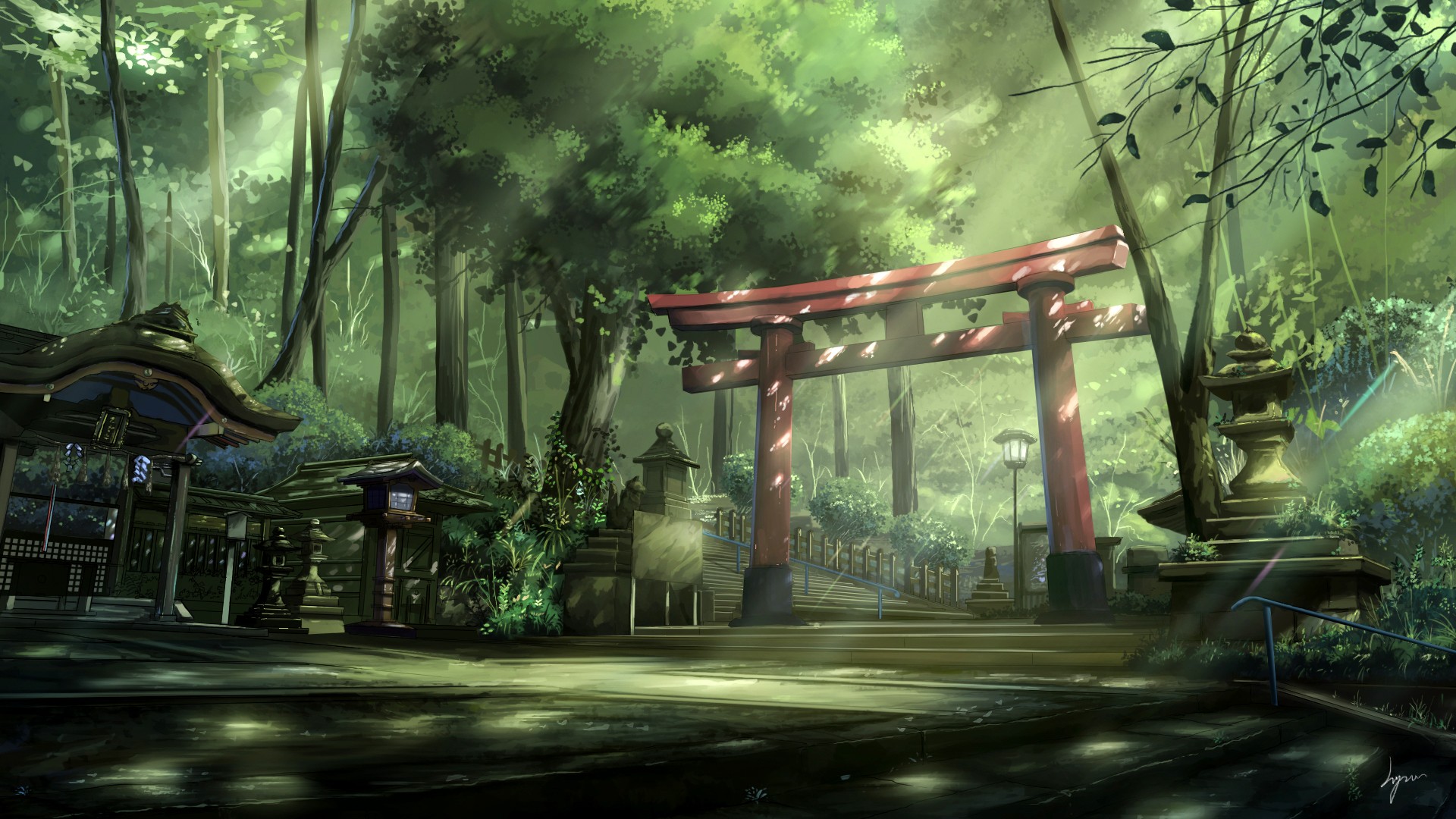 Anime Landscape Torii Sun Rays Forest Asian Architecture Steps Trees 1920x1080