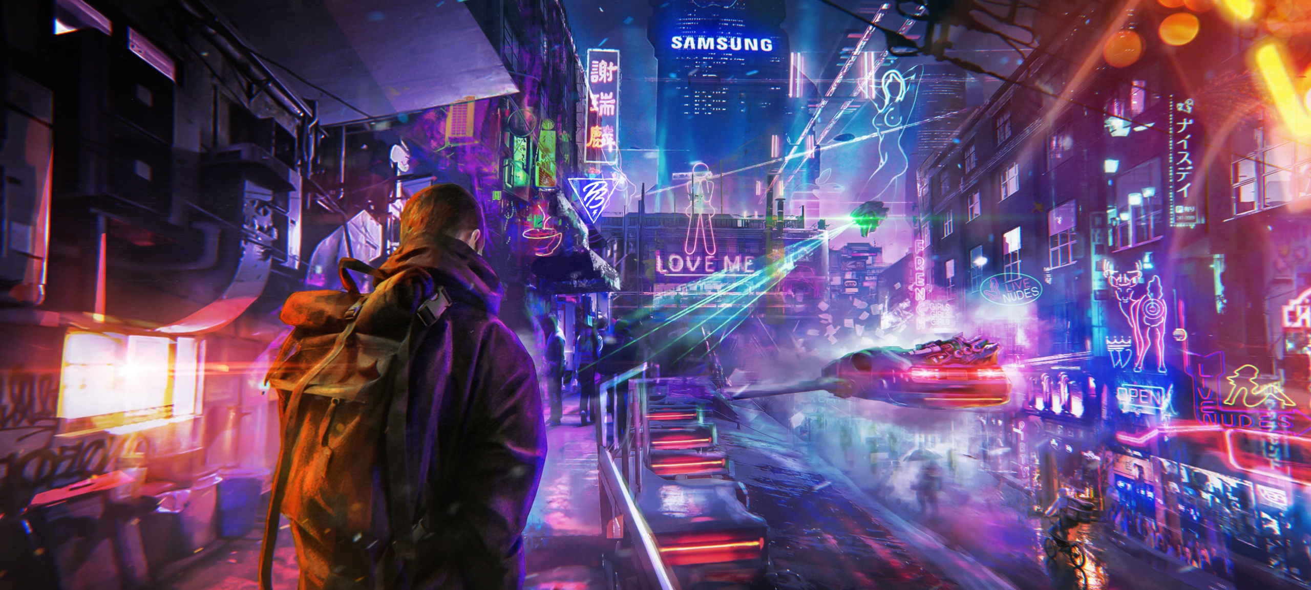 Men Jacket Backpacks Futuristic Futuristic City City Cyberpunk Artwork Digital Art Photoshop People  2560x1153