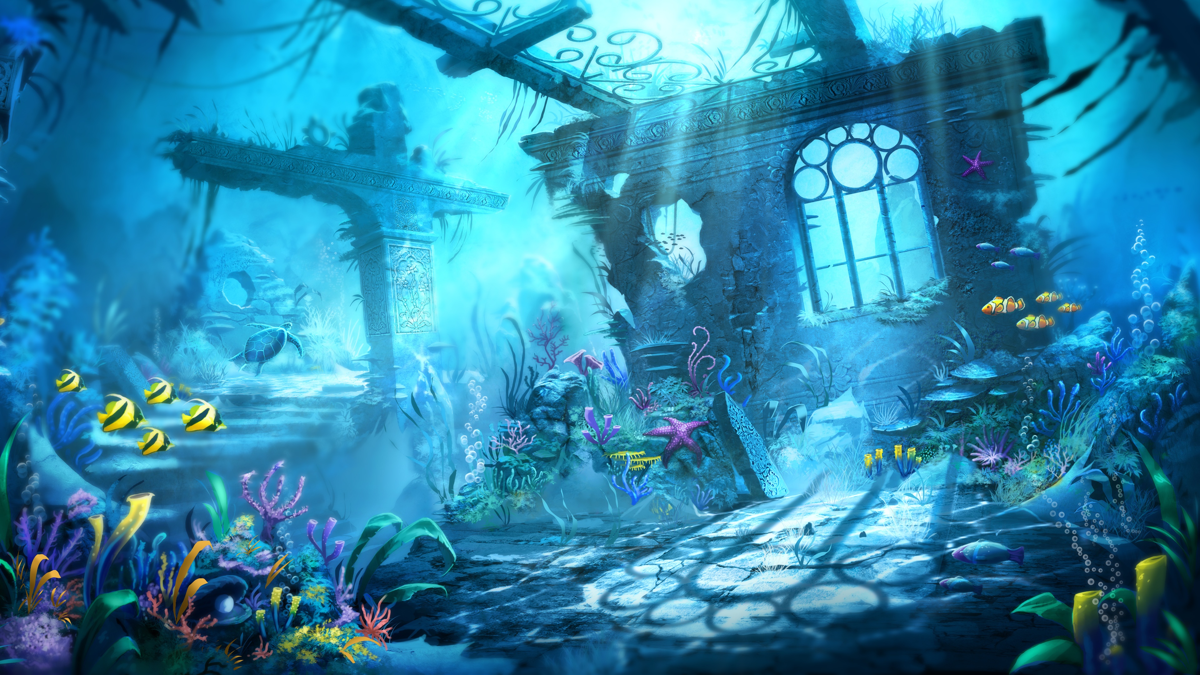 Trine Artistic Underwater Fish Plant Building Sea Life 3840x2160