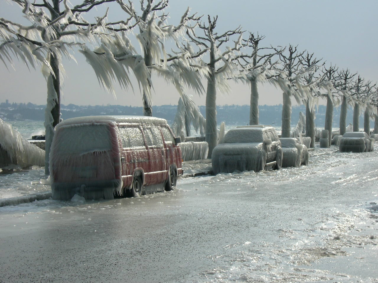 Ice Car Winter Road Trees Vehicle Geneva Switzerland 1280x960