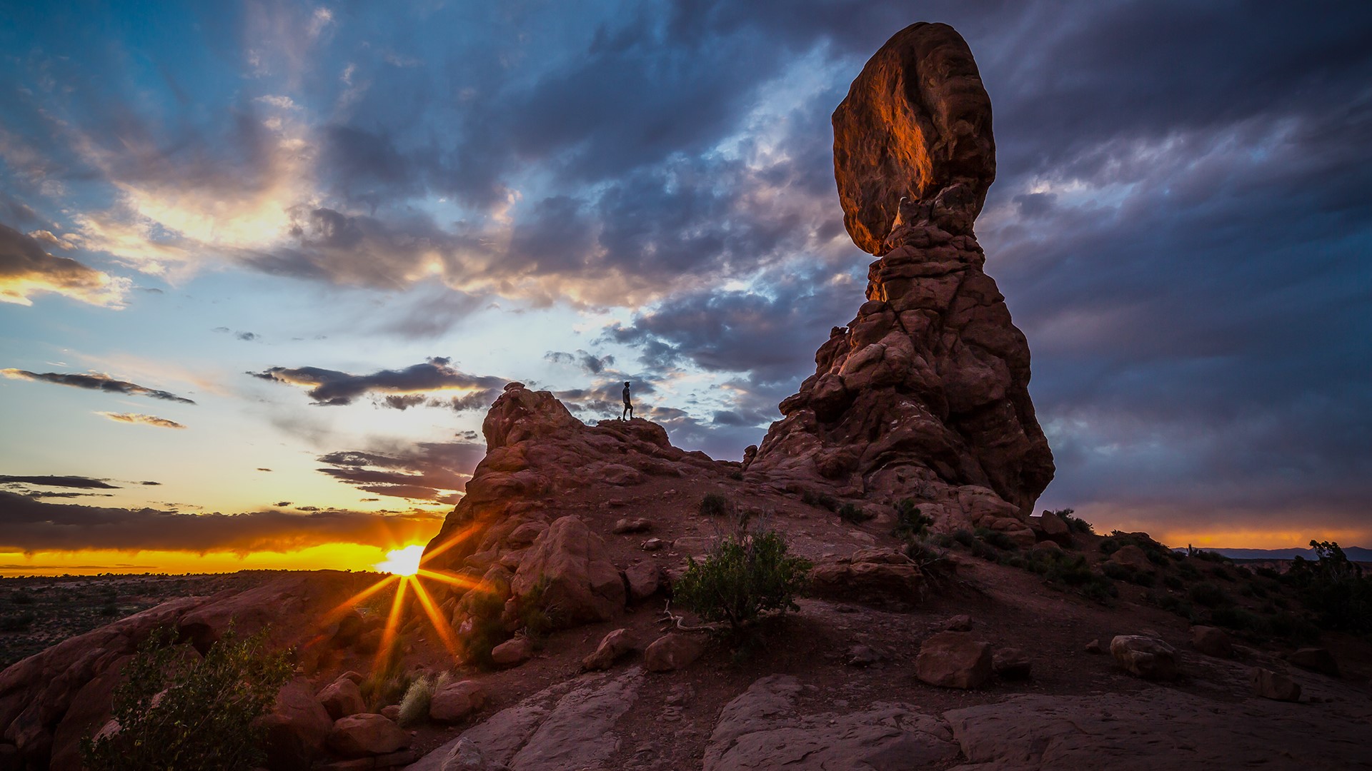 Nature Landscape Clouds Rocks Plants Sky Mountains Sun Sunset Arches National Park Utah USA 1920x1080