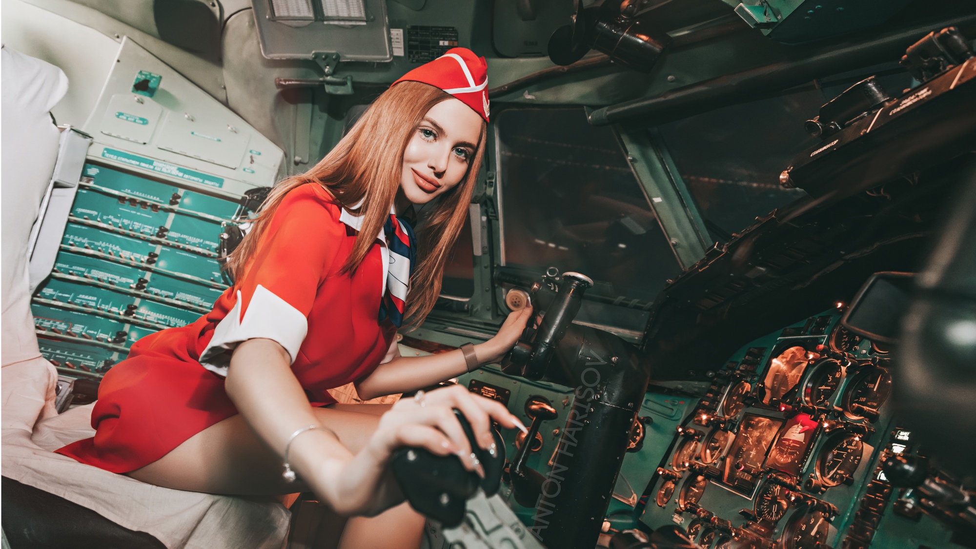 Women Planes Brunette Anton Harisov Portrait Sitting Smiling Red Dress Stewardess Cockpit Red 2000x1125