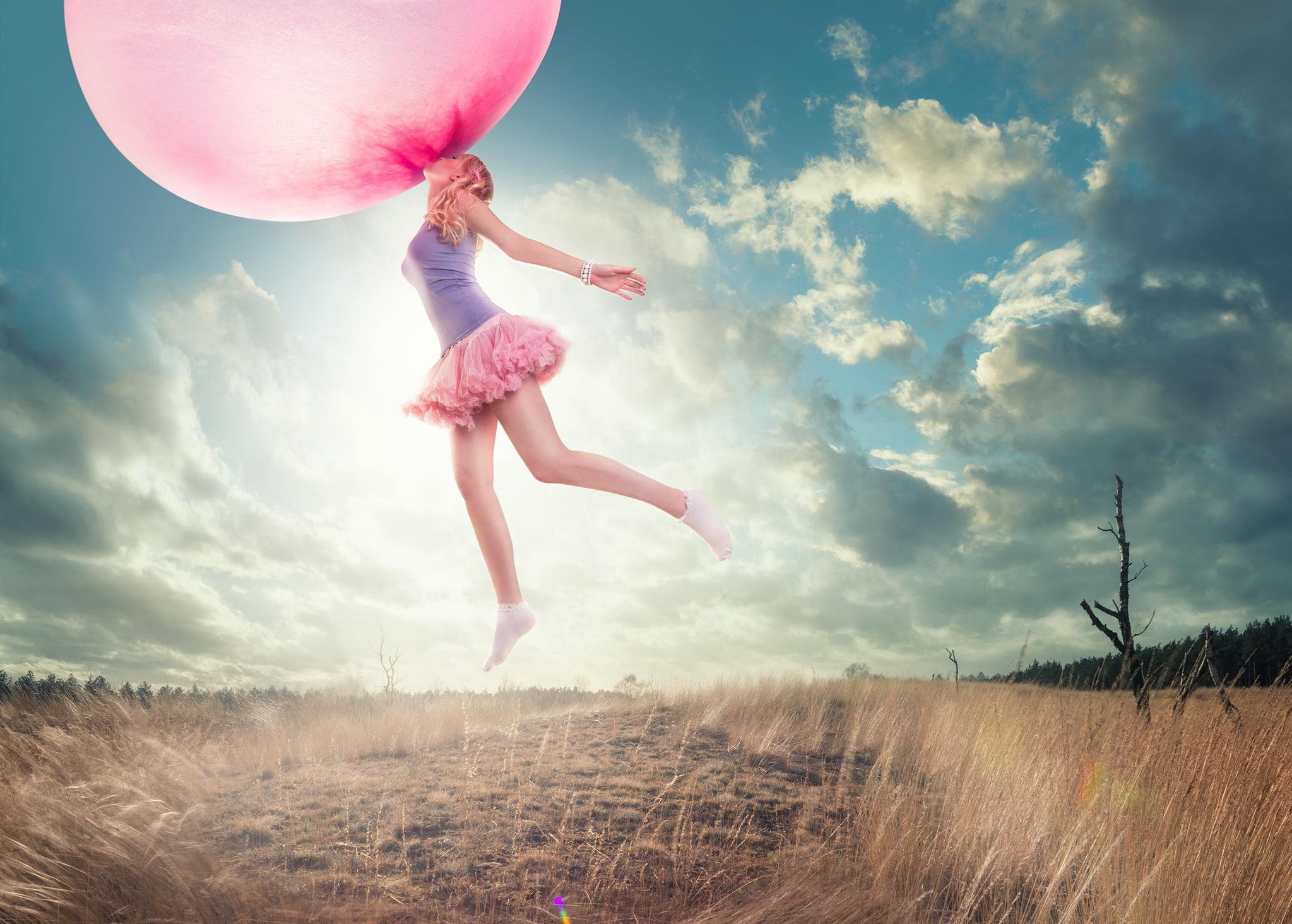 Women Bubble Gum Blonde Pink Skirt Purple Top Socks Fantasy Art Balloon Conceptual Photomontage 2047x1464