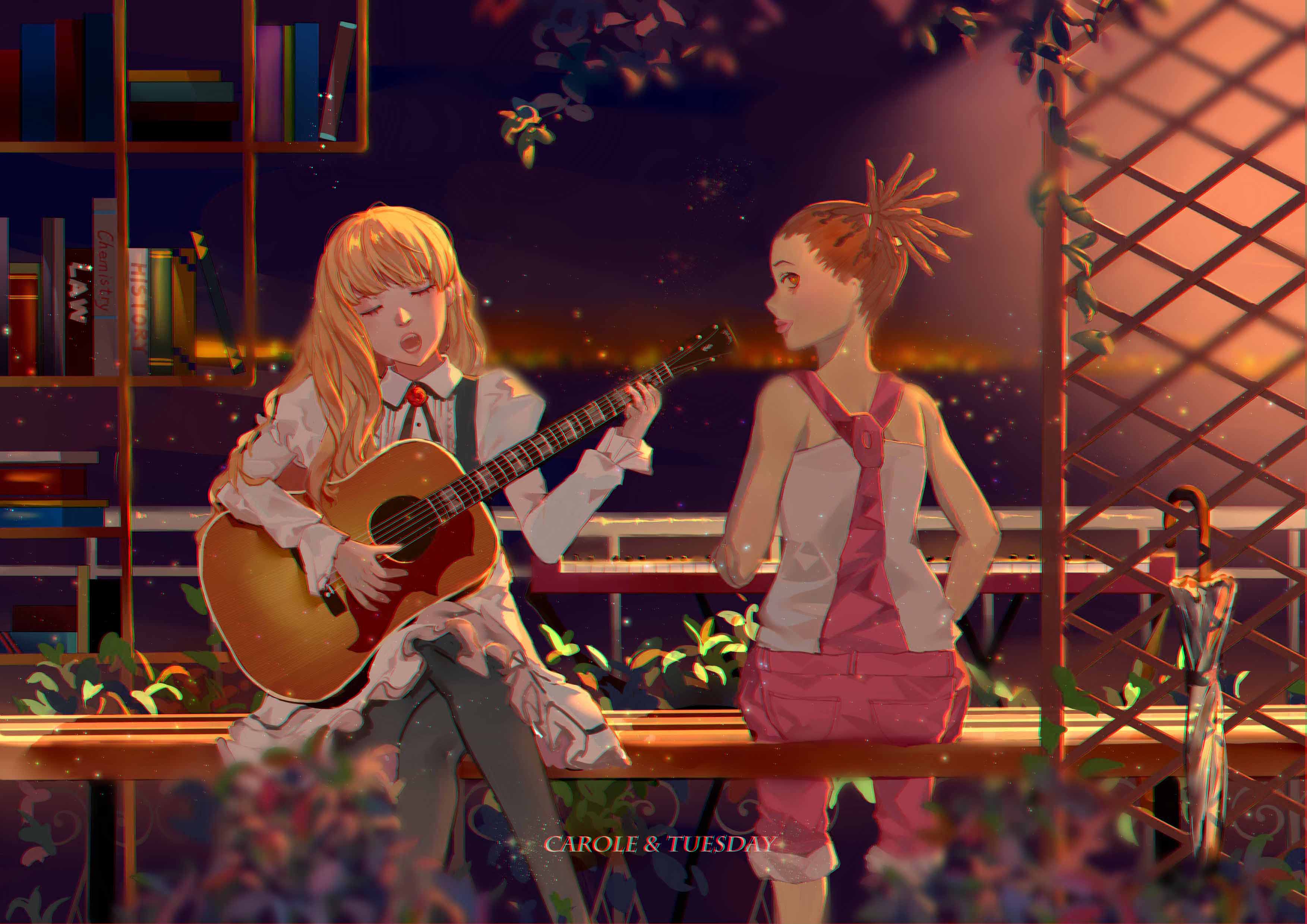 CAROLE TUESDAY Anime Girls Music Musical Instrument Guitar Pianists Piano Dark Skin Blonde Ponytail  3507x2480