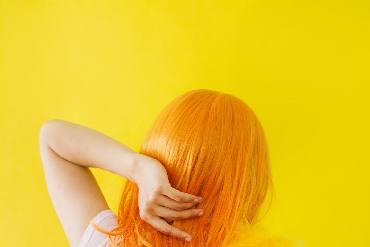 Women Dyed Hair Hands On Head Yellow Background Hair Redhead Simple Background 1200x800