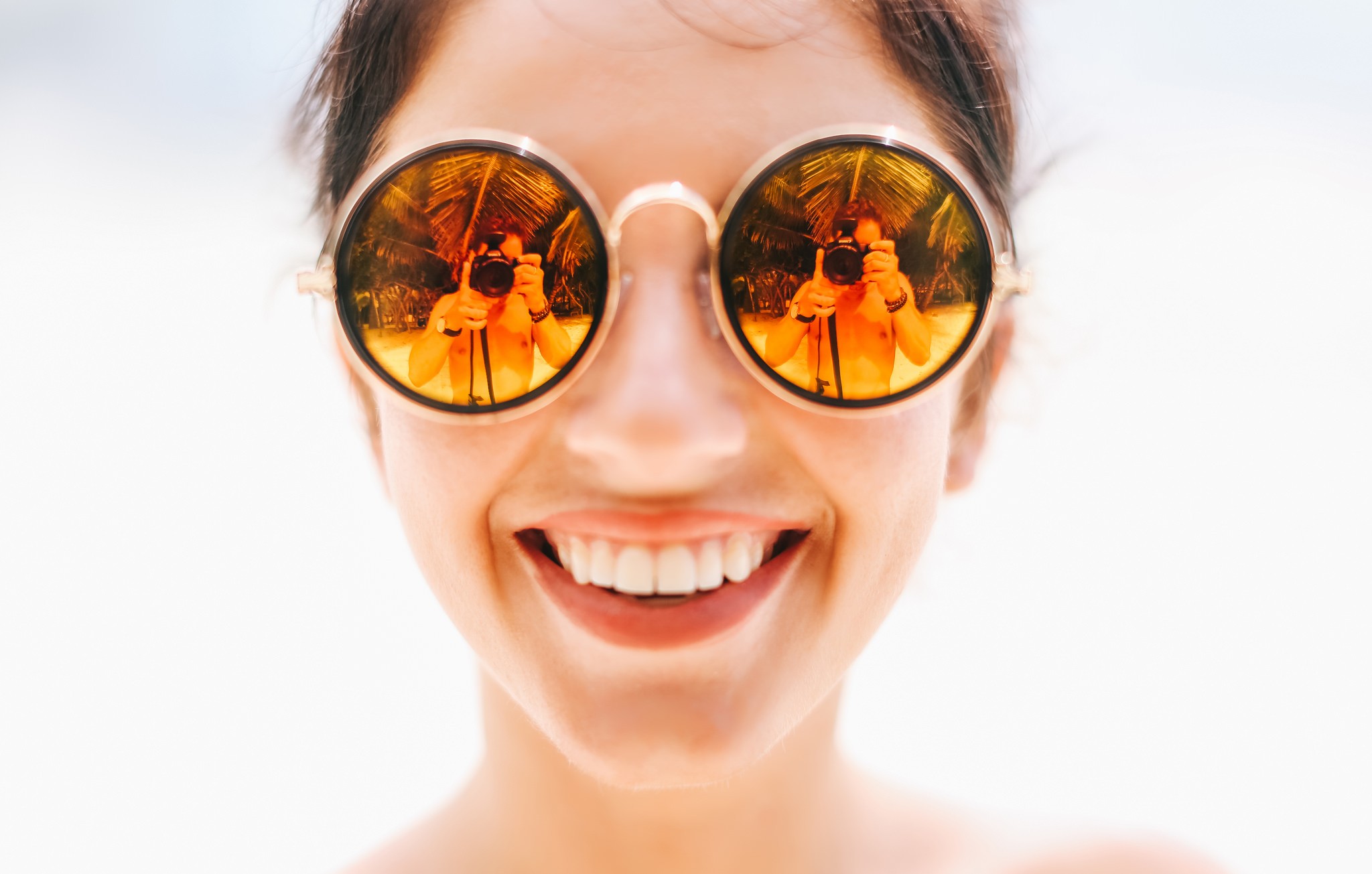 Aurela Skandaj Women Model Face Closeup Simple Background Smiling Women With Glasses Reflection Davi 2048x1305