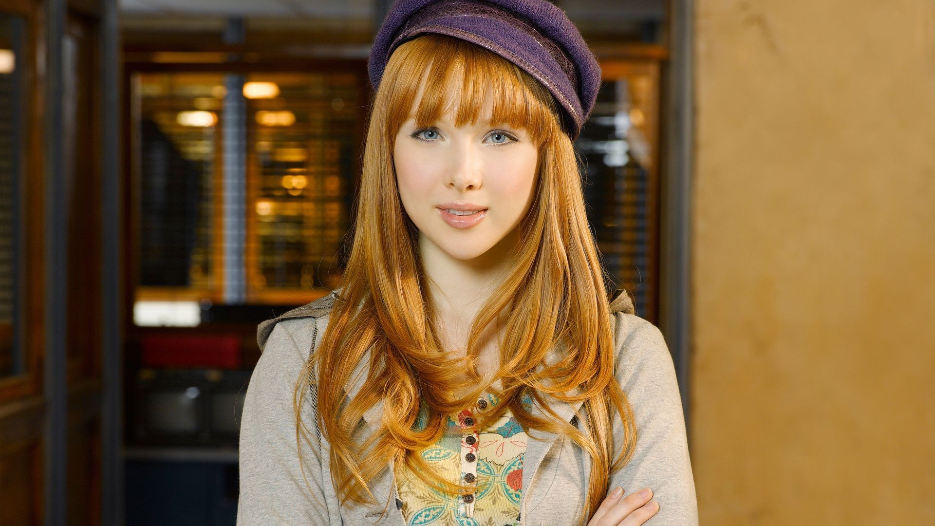 Model Redhead Long Hair Face Blue Eyes Hat Anime Actress Women Women Face Portrait Smiling Long Hair 1920x1080