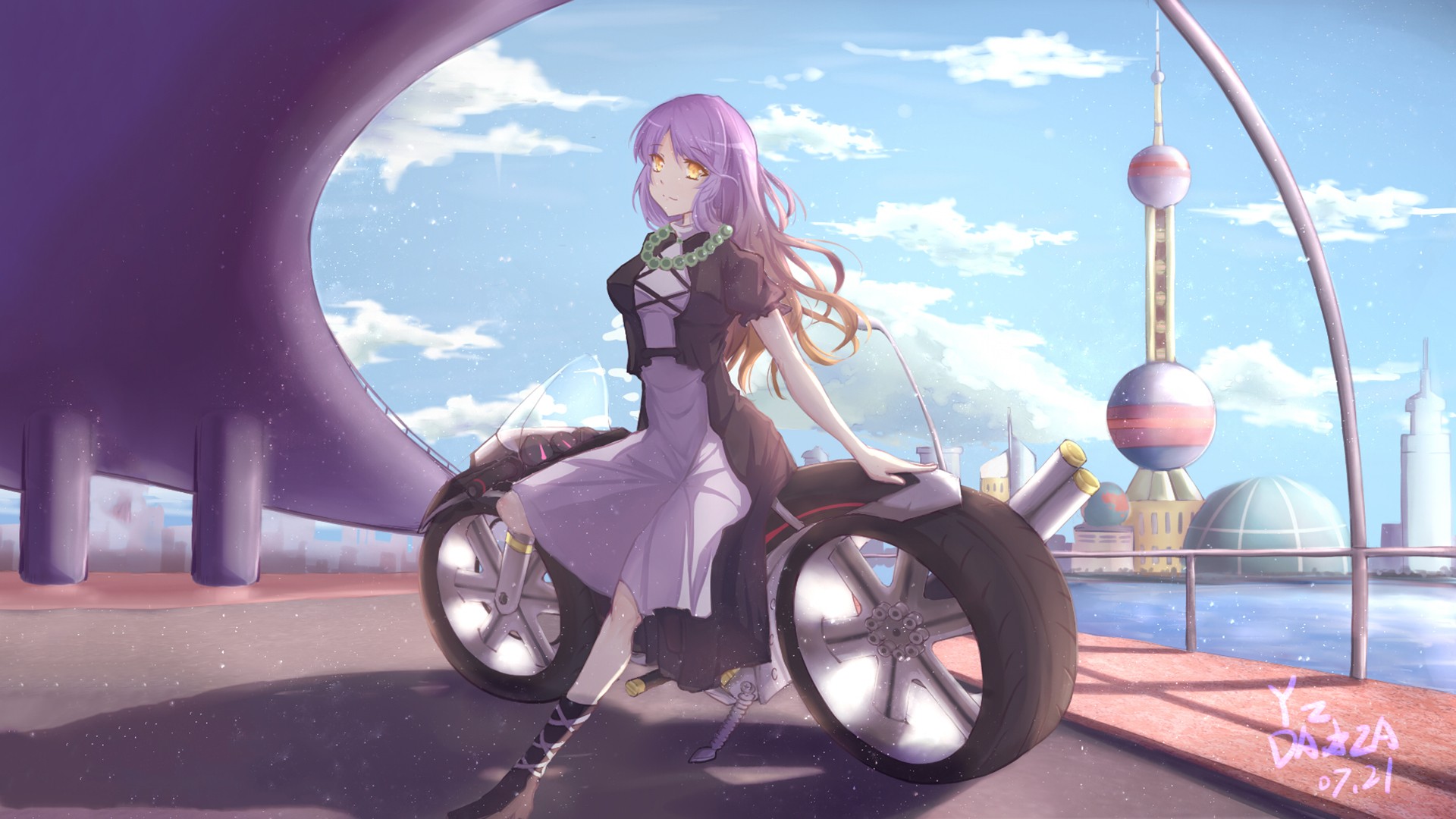 Anime Anime Girls Touhou Hijiri Byakuren Motorcycle Long Hair Purple Hair Orange Eyes Vehicle Touhou 1920x1080