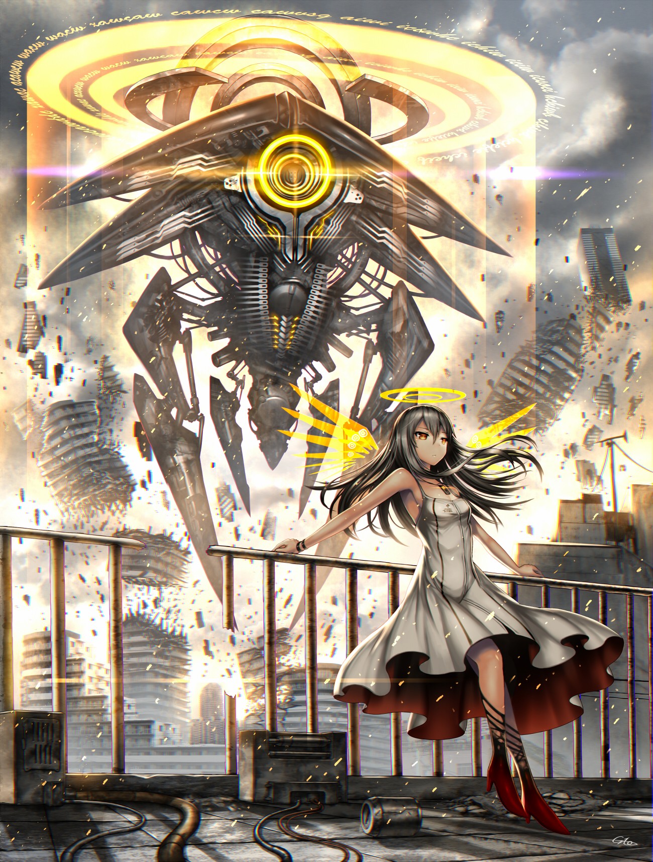 Anime Anime Girls Deus Ex Machina Long Hair Black Hair Red Eyes Wings 1300x1716