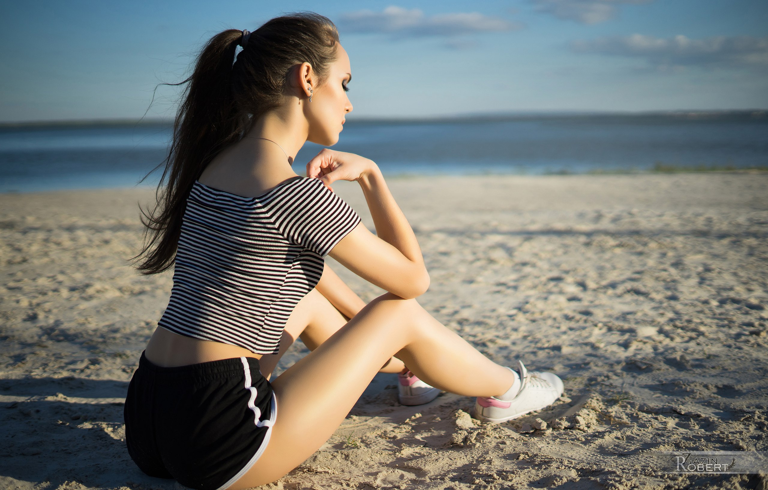 Women Sitting Sneakers Sand Sea Shorts Women Outdoors Depth Of Field Ponytail Robert Zazin 2560x1632