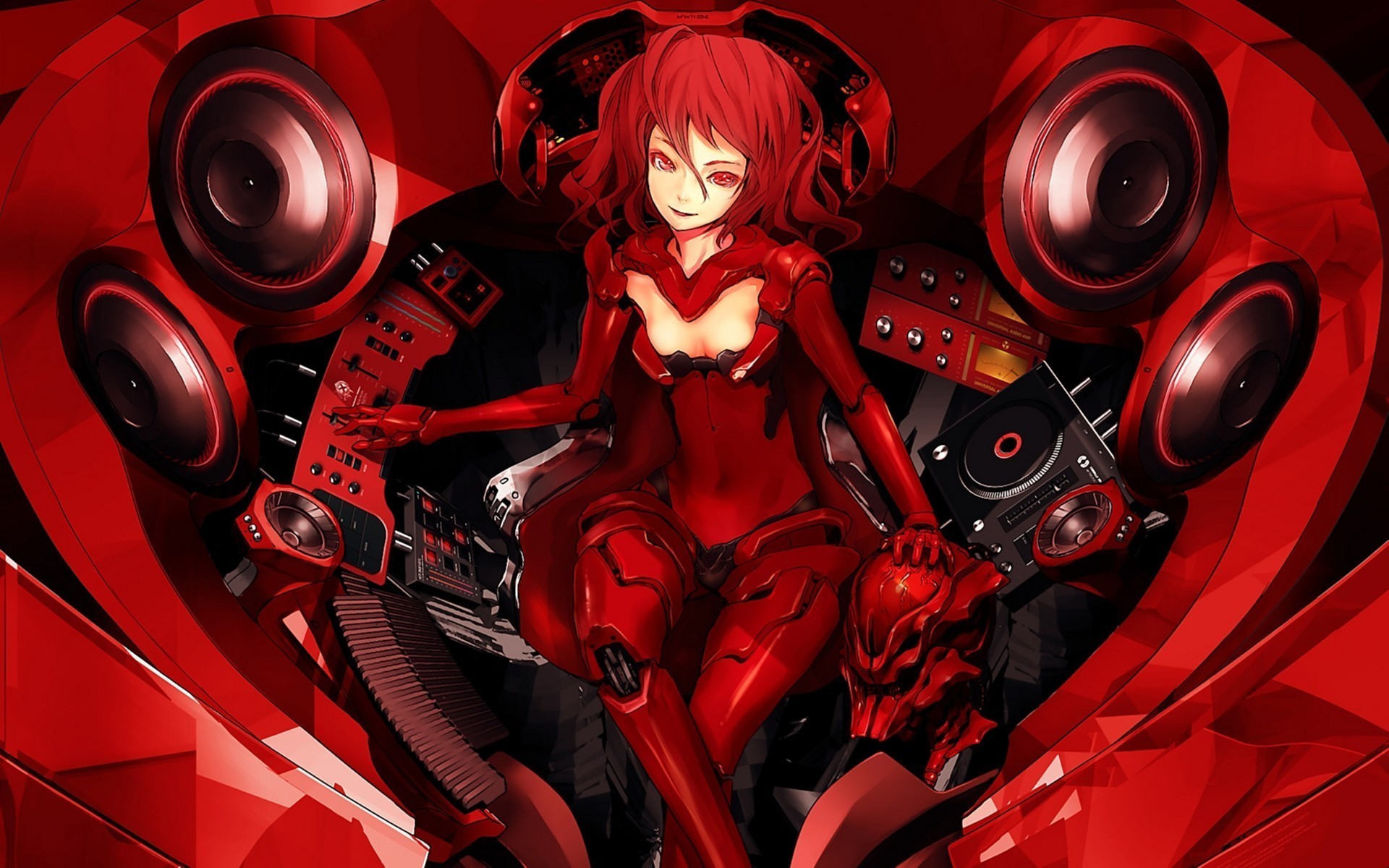 Artwork Fantasy Art Anime Cyborg Music Speakers Disc Jockey Red Redhead Redjuice Original Characters 1920x1200