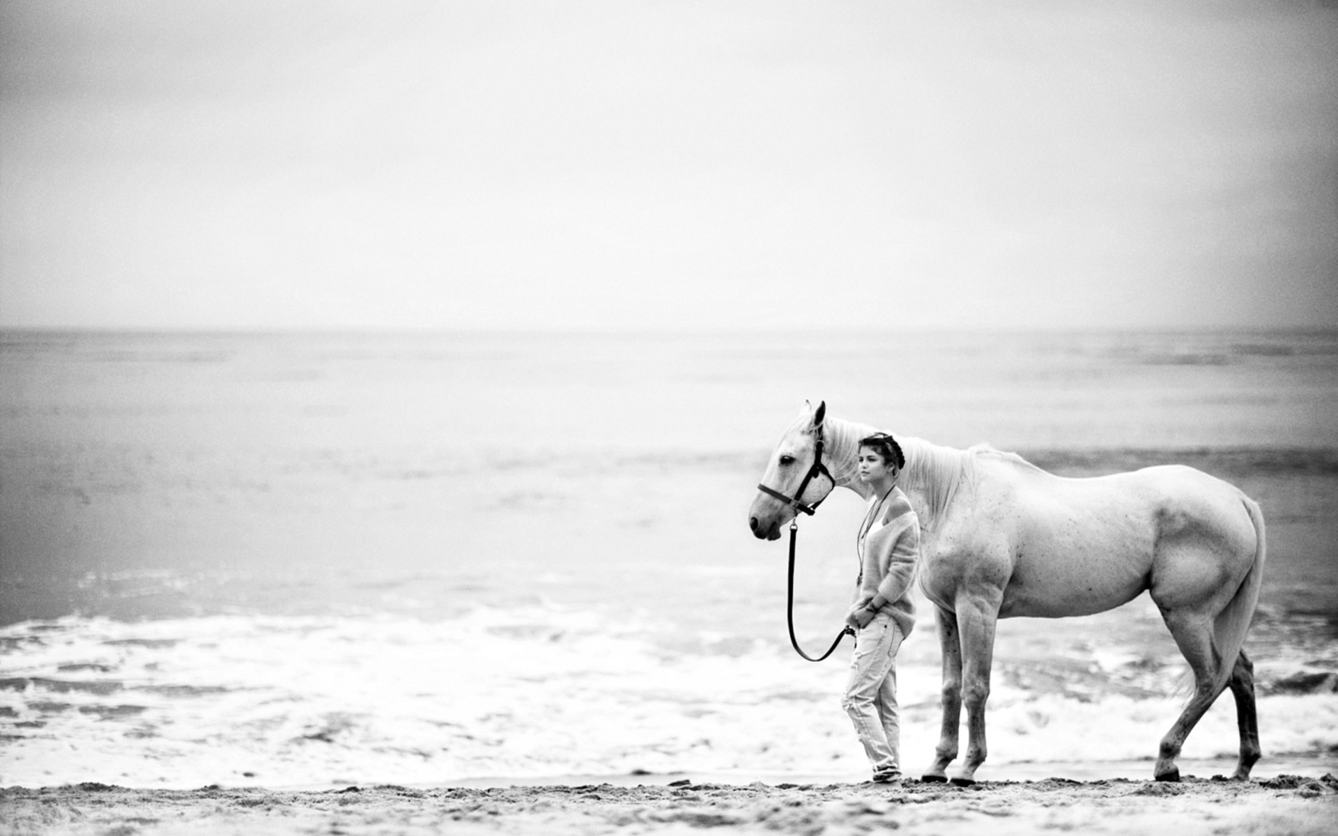 Mood Situation Animal Horse Woman Beach Ocean Sea Wave Black Amp White 1920x1200