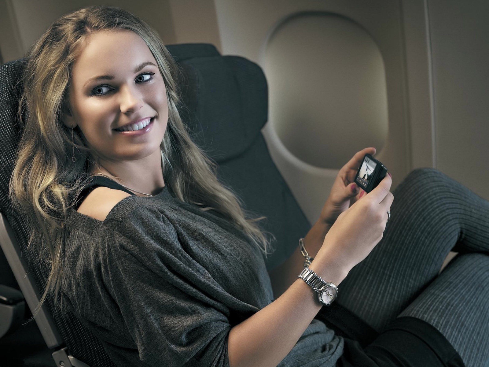 Caroline Wozniacki Tennis Player Women Blonde Smiling Danish Looking Away Airplane 1600x1200