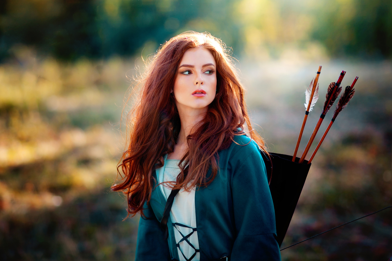 Alexandra Girskaya Depth Of Field Redhead Long Hair Archery Quiver Looking Away Women Archer Women O 1650x1100