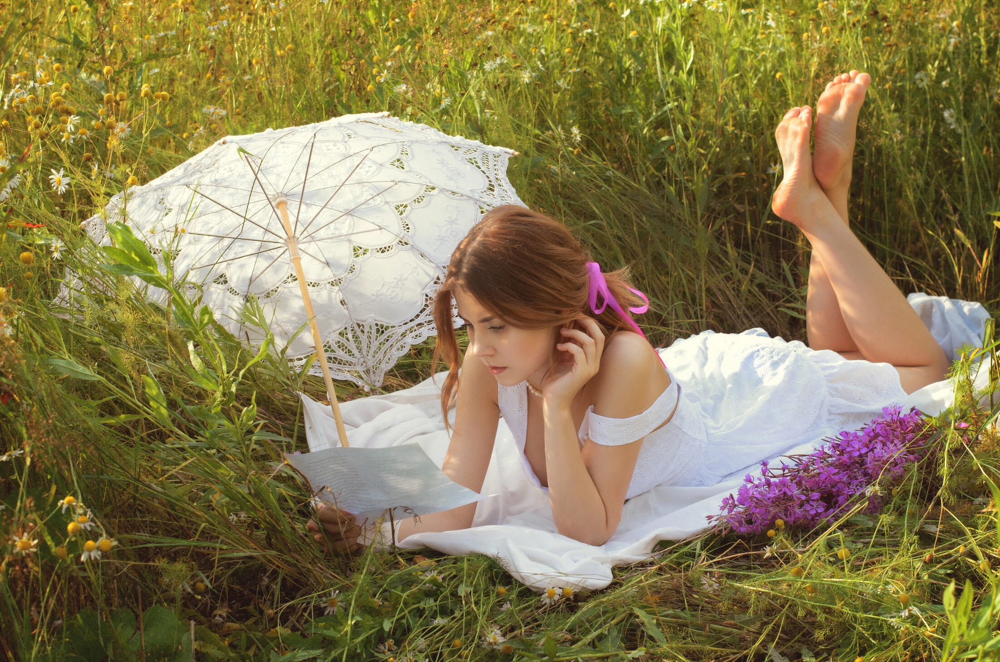 Umbrella Grass Nature Barefoot Women Outdoors Vladislav Opletaev 2048x1356