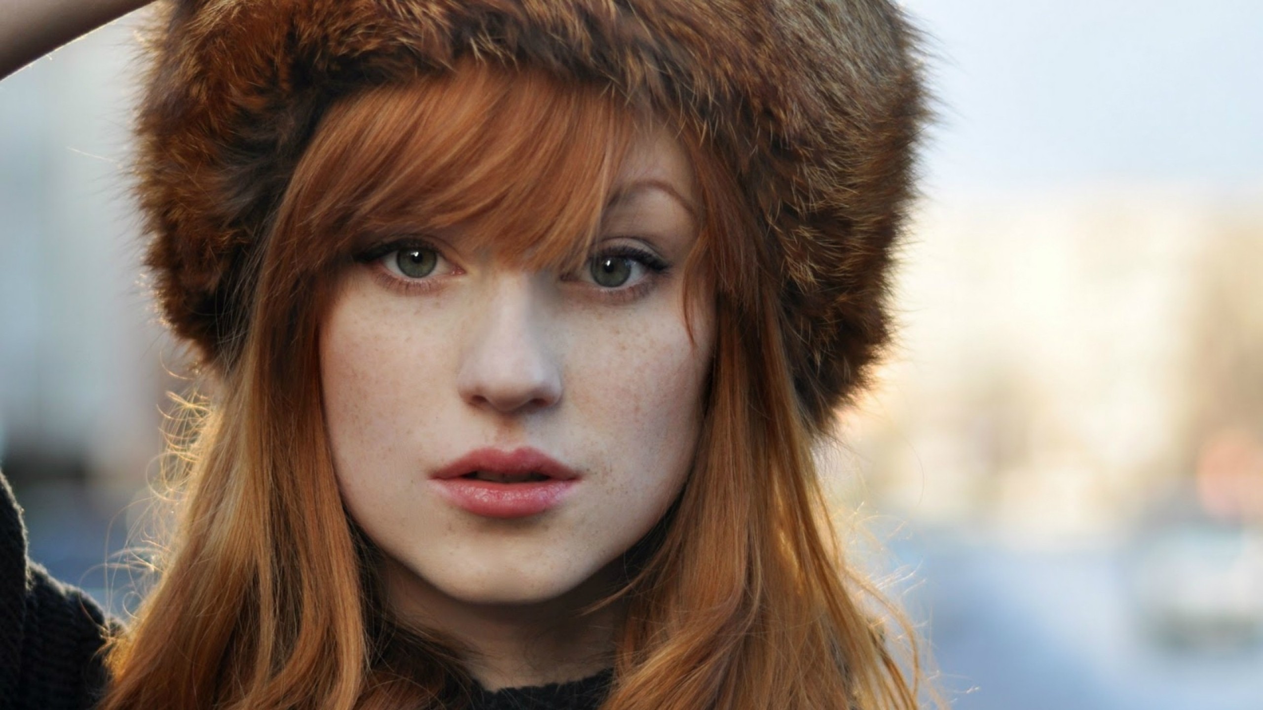 Women Redhead Fluffy Hat Freckles Alina Kovalenko Green Eyes Looking At Viewer 2560x1440