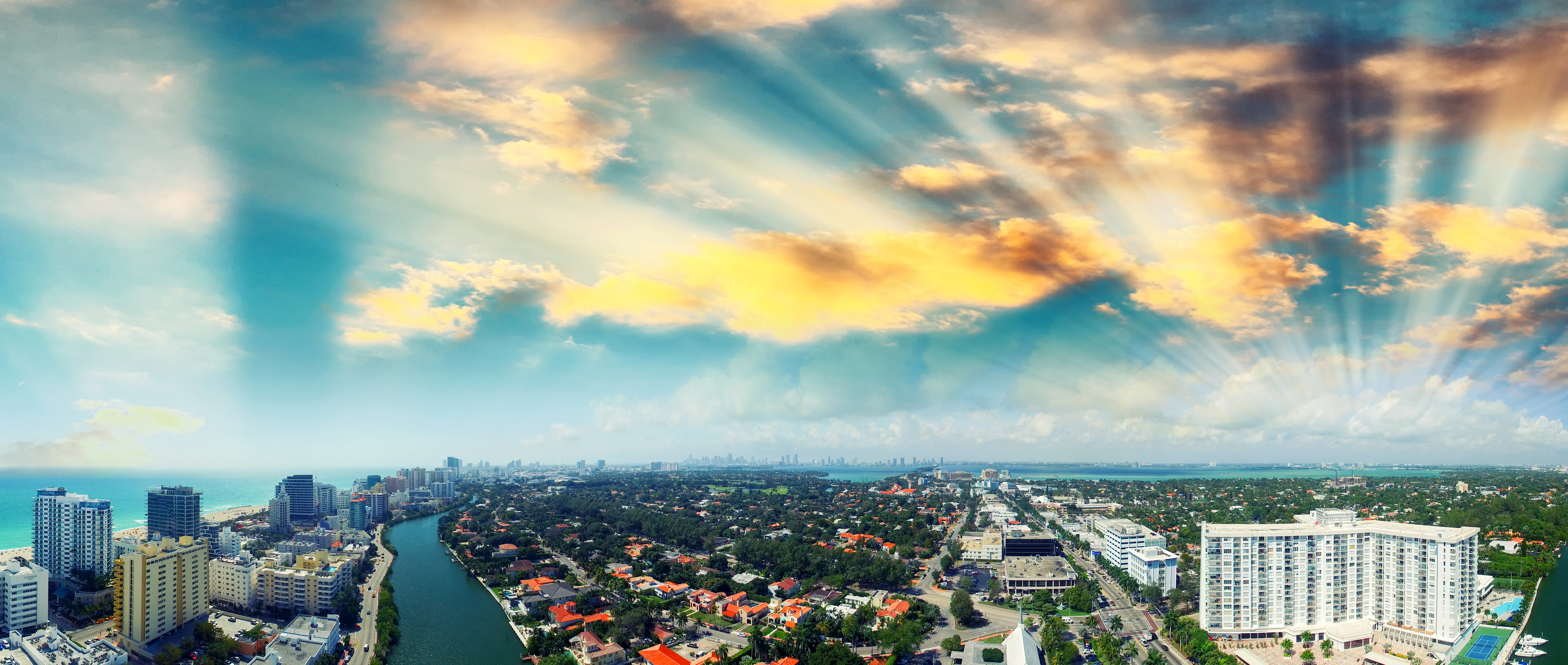Miami Panorama Aerial Ocean City Sunset Sky 5890x2500