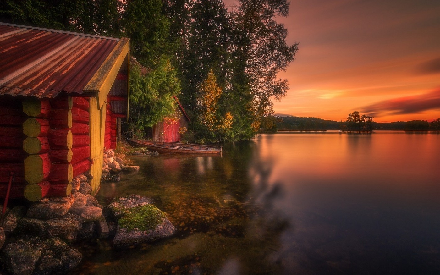 Nature Landscape Boathouses Lake Trees Norway Fall Sunset Clouds Hills 1400x875