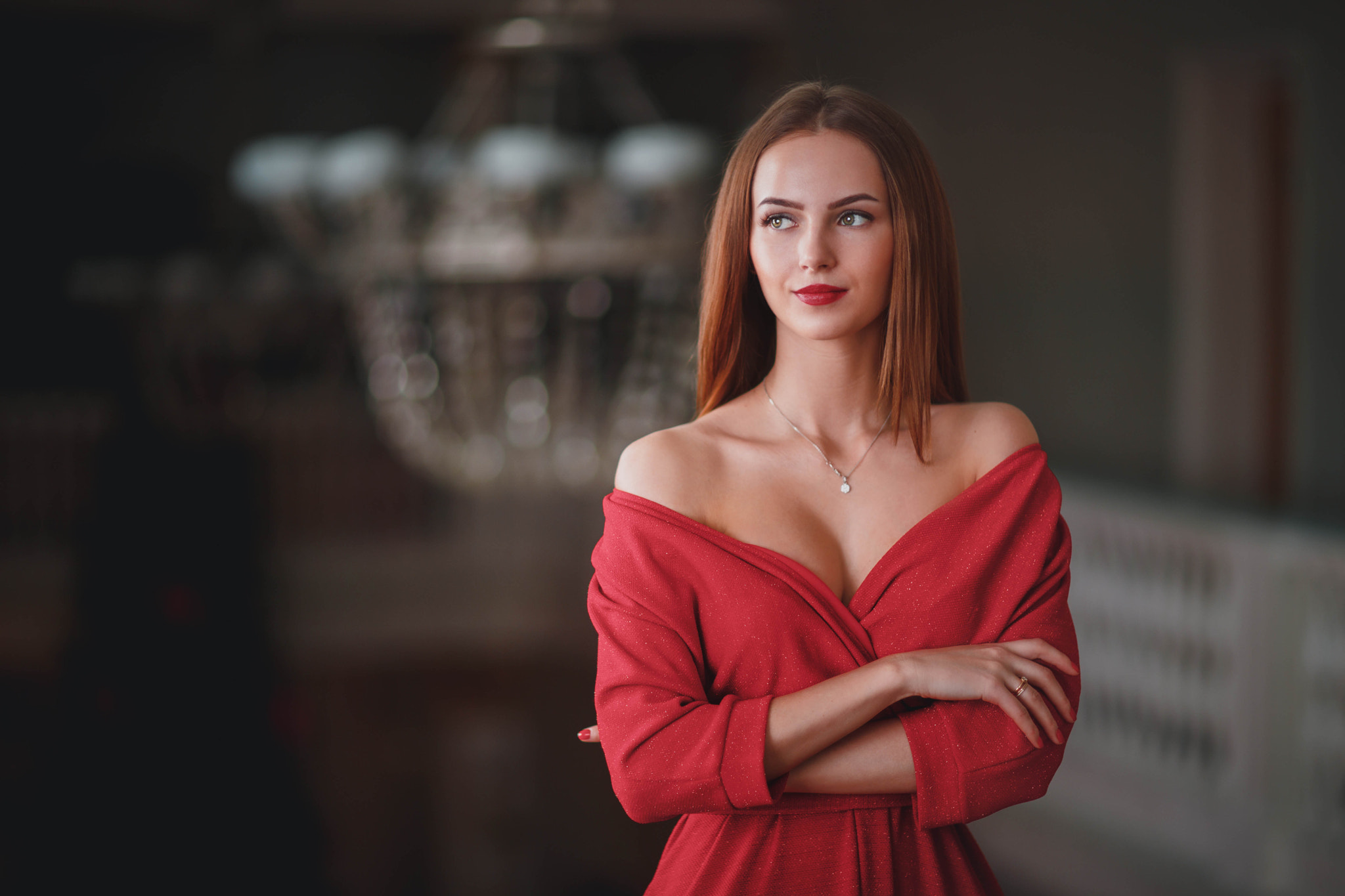 Aleksei Gilev Redhead Red Dress Model Long Hair Green Eyes Necklace Red Lipstick Indoors Women Dress 2048x1365