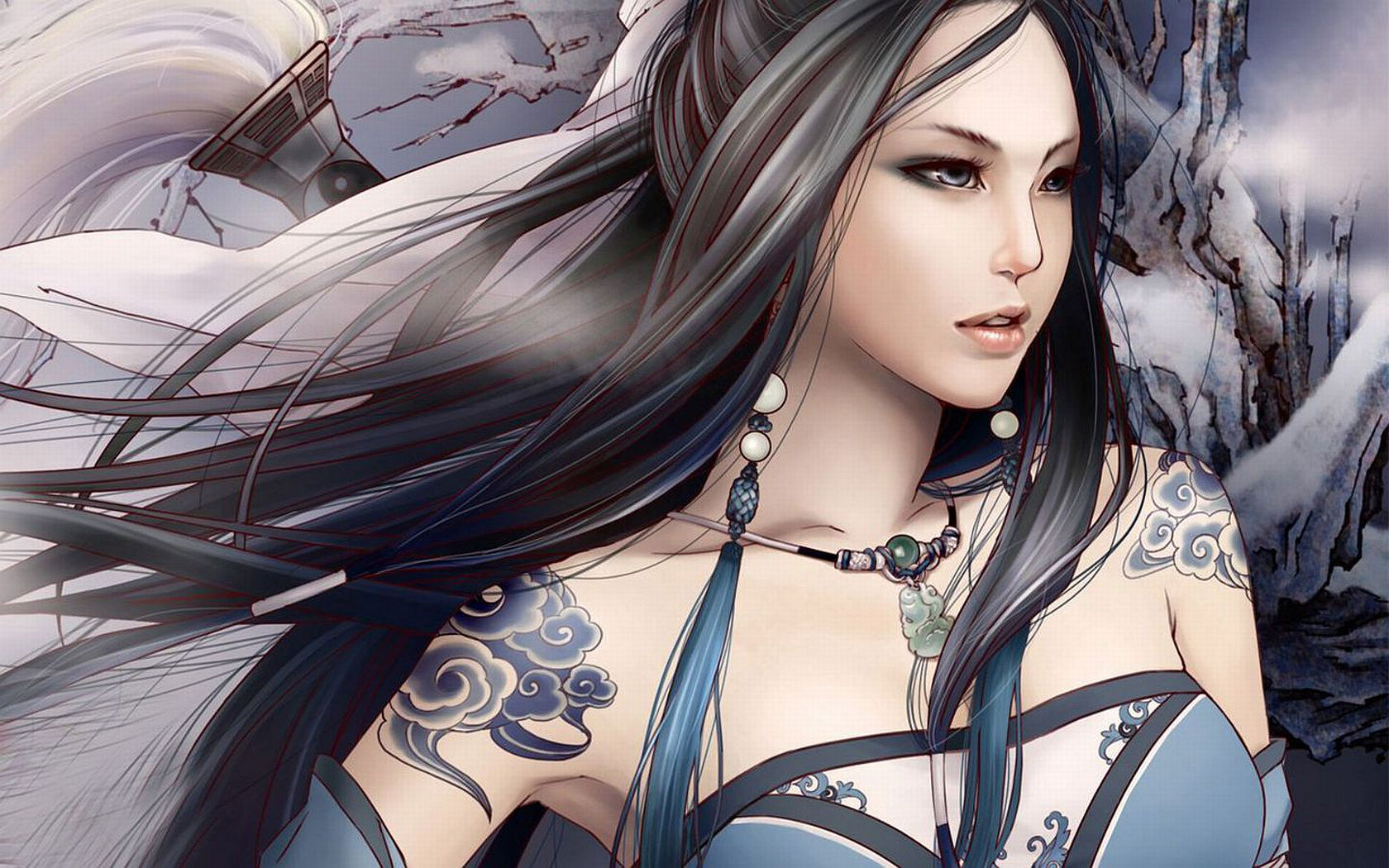 Blue Tattoo Asian Girl Dark 1680x1050