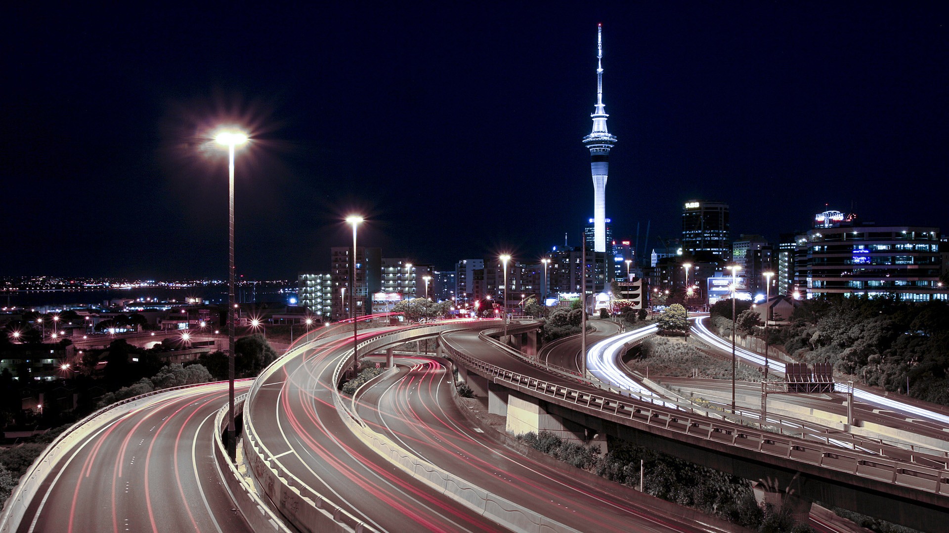 Cityscape Long Exposure Road Lights Auckland 1920x1080