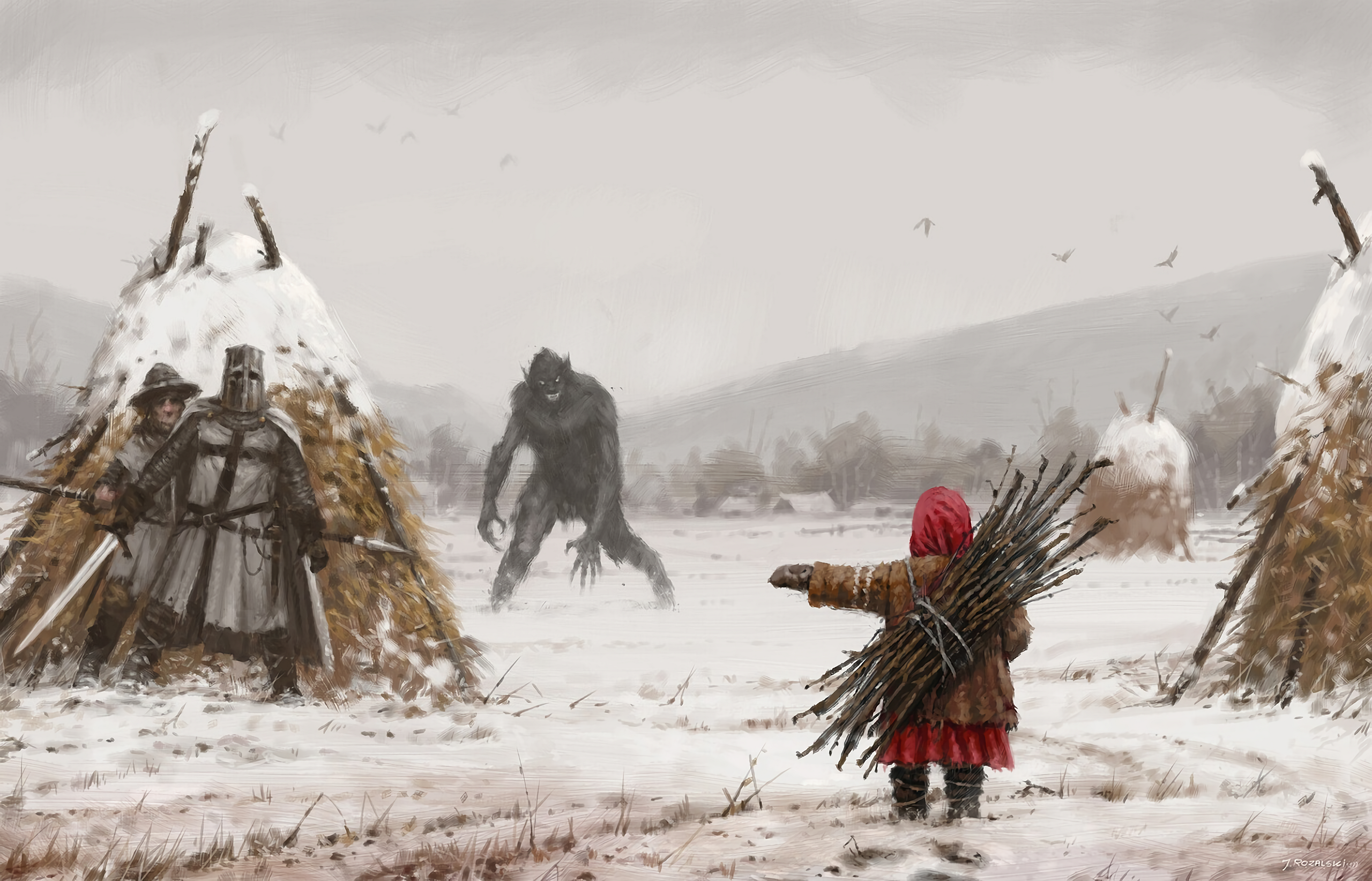 Jakub Ro Alski Werewolves Knight Snow Dark Fantasy Little Red Riding Hood 2560x1644