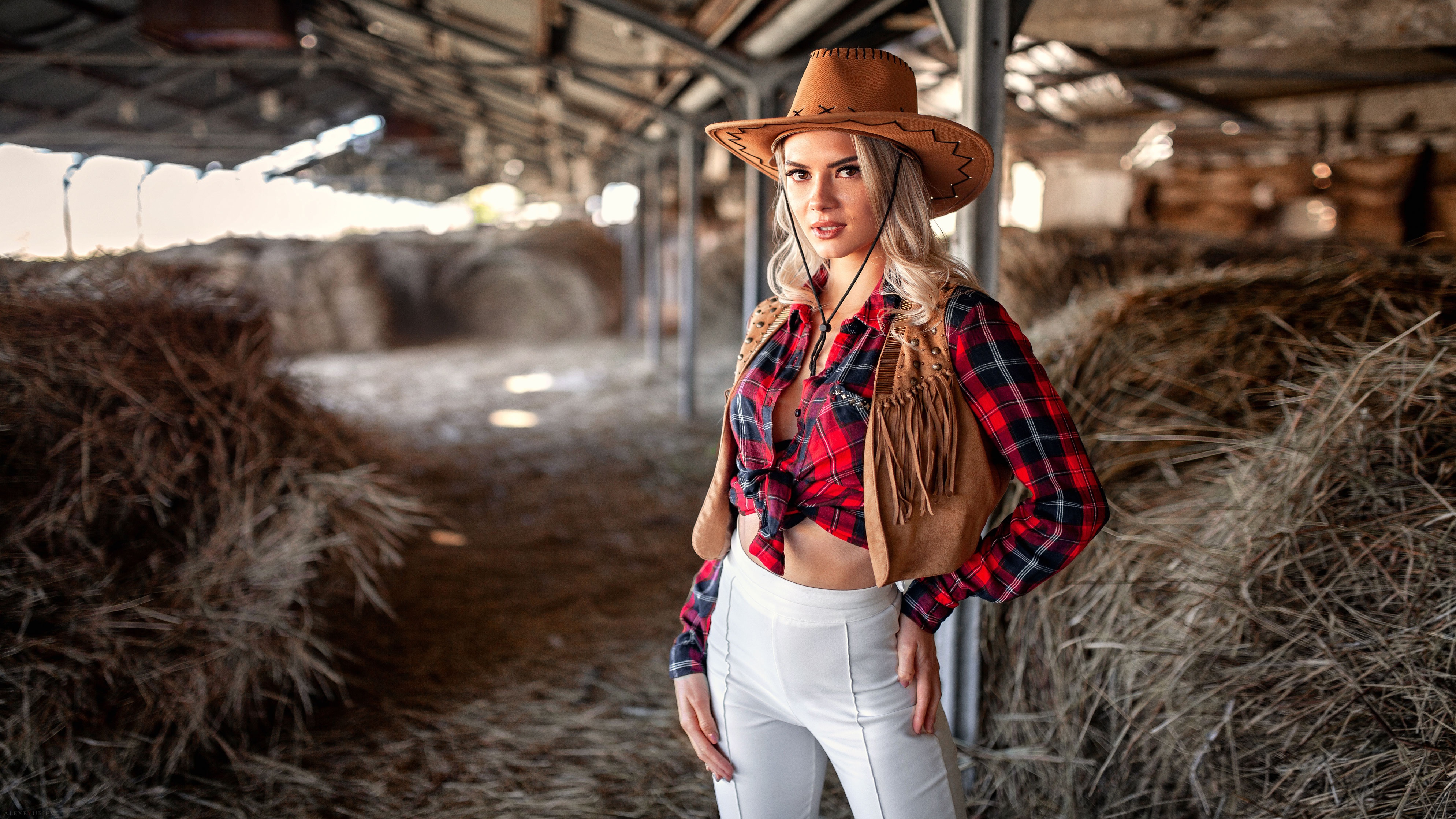 Women Model Straw Hat Blonde Standing White Pants Plaid Shirt Women With Hats Cowgirl Cow Girl 3977x2237