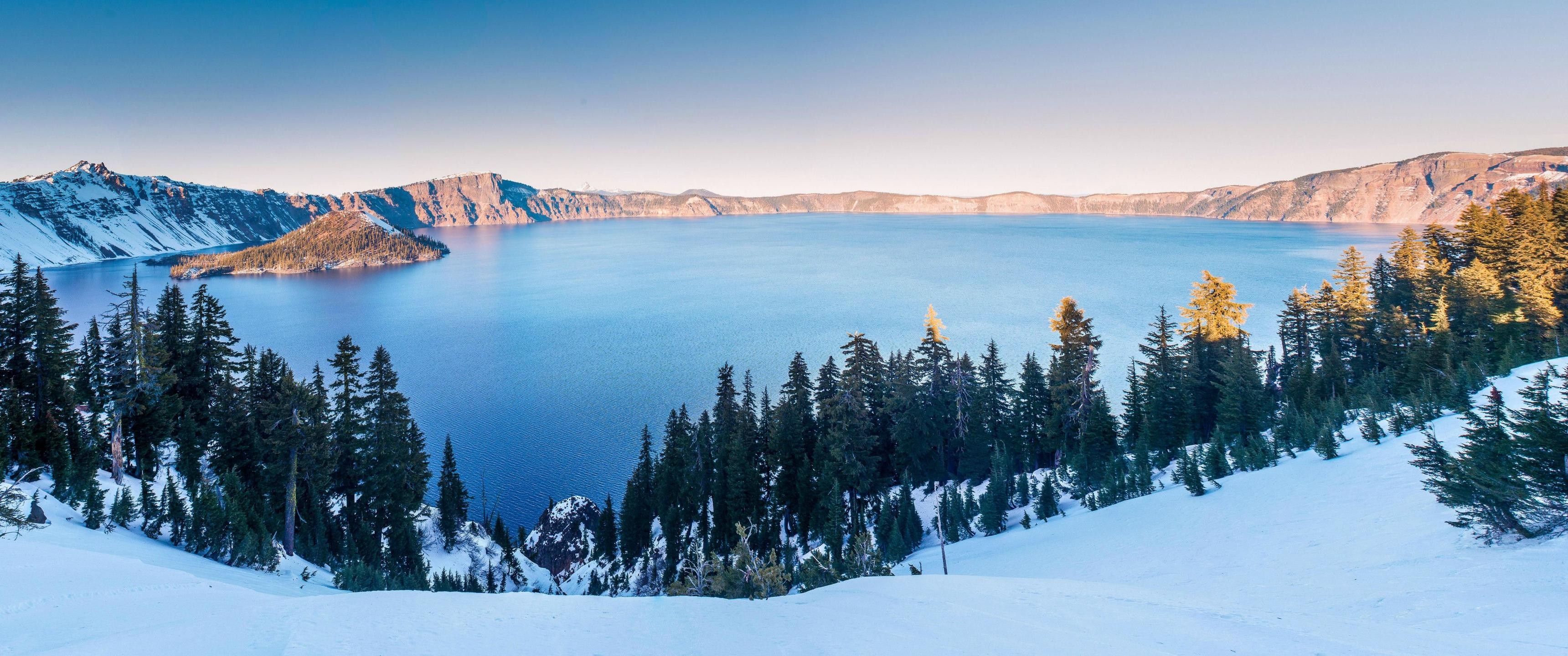 Wide Angle Lake Crater Lake Oregon Island Winter 3440x1440