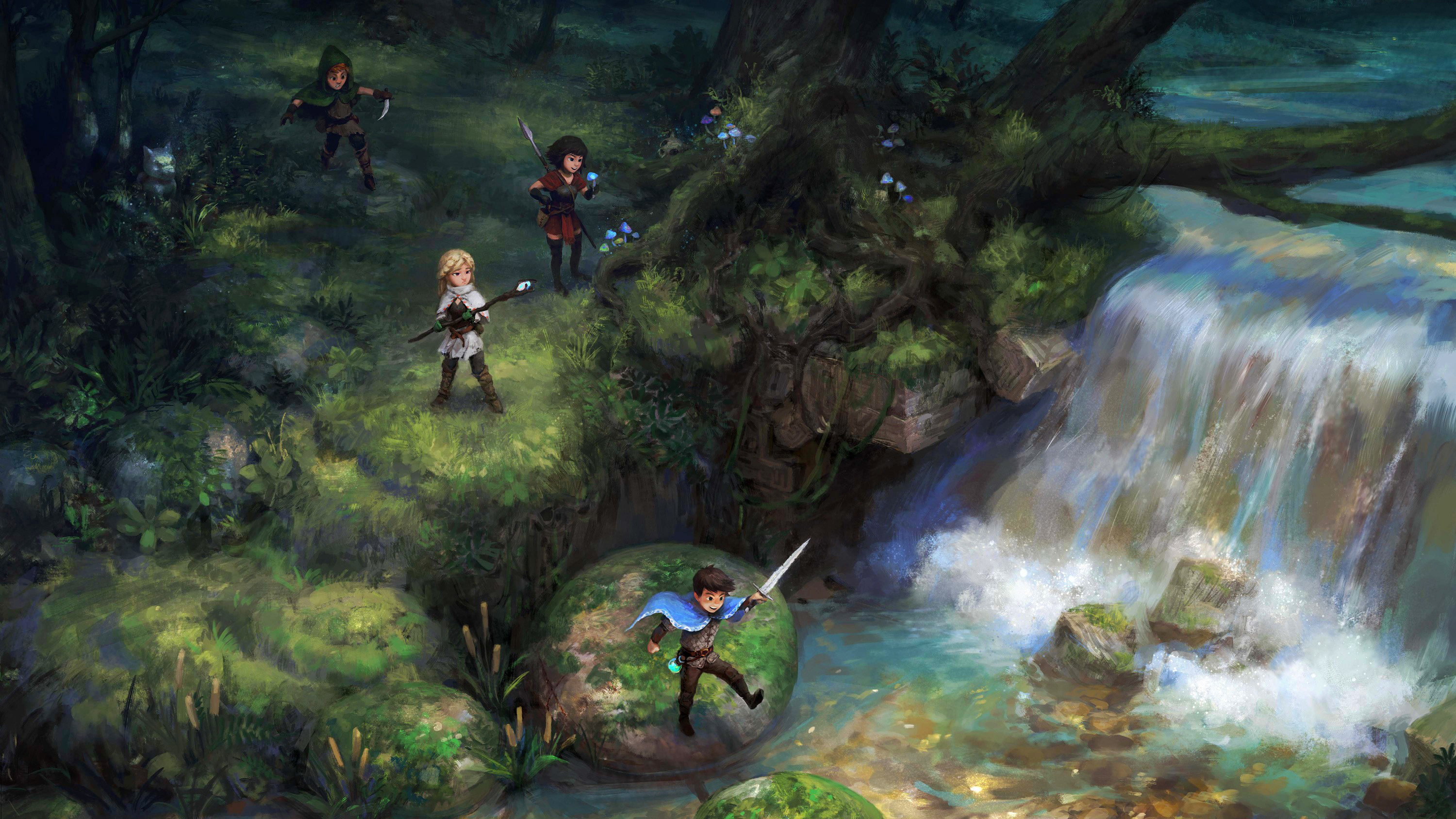 Jonathan Tiong Fantasy Art Artwork Digital Art Forest Waterfall Adventurers Children Sword Wand Spea 3000x1688