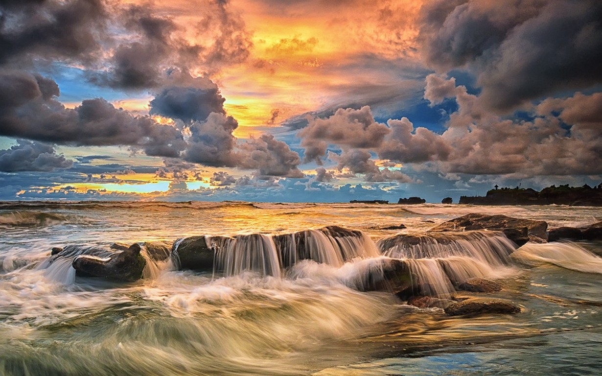 Nature Landscape Sunset Coast Beach Sky Clouds Sea Rock Bali Indonesia Tropical 1230x768