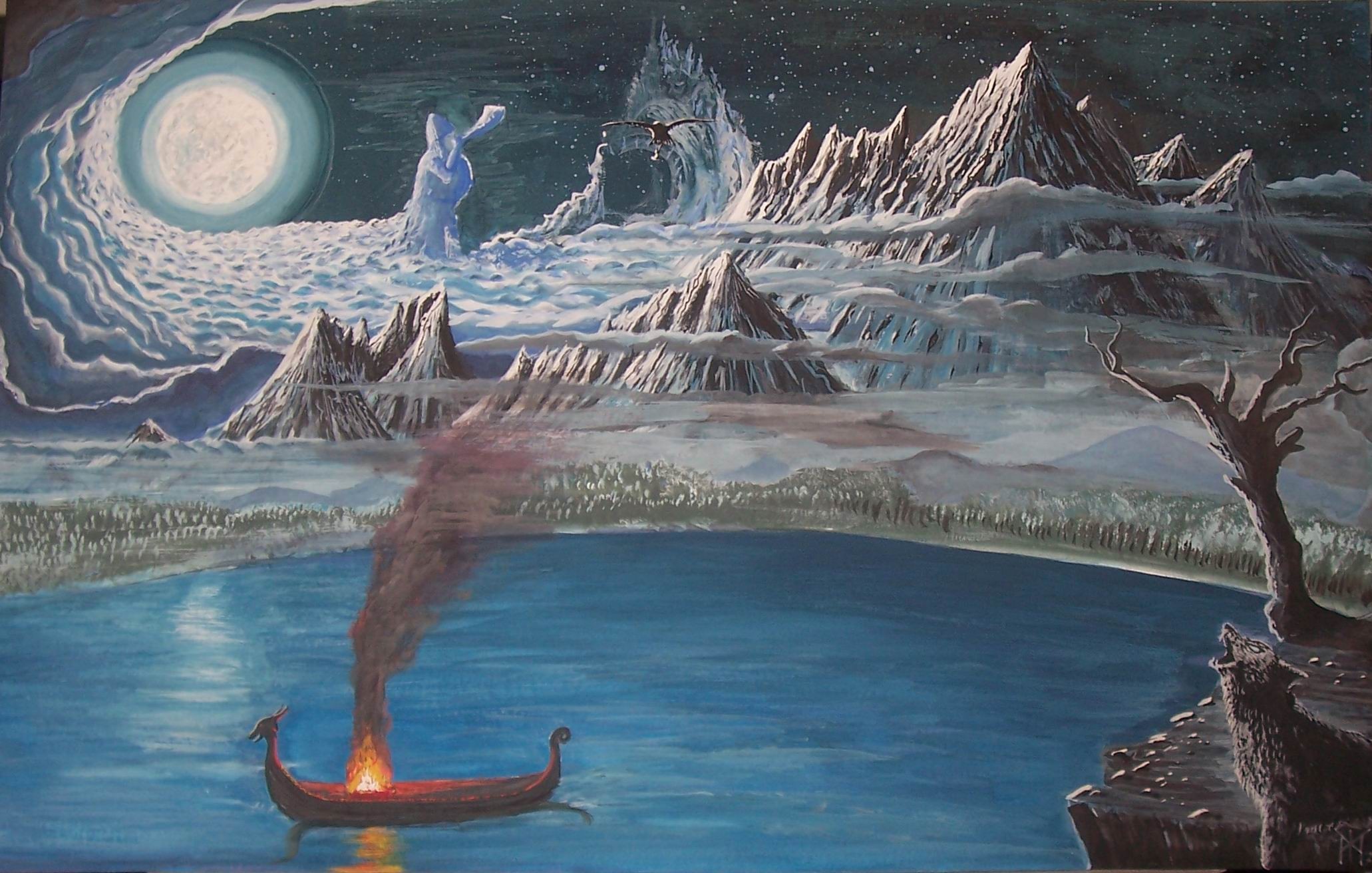 Painting Painting Norse Mythology Mountains Boat Fire 2062x1312