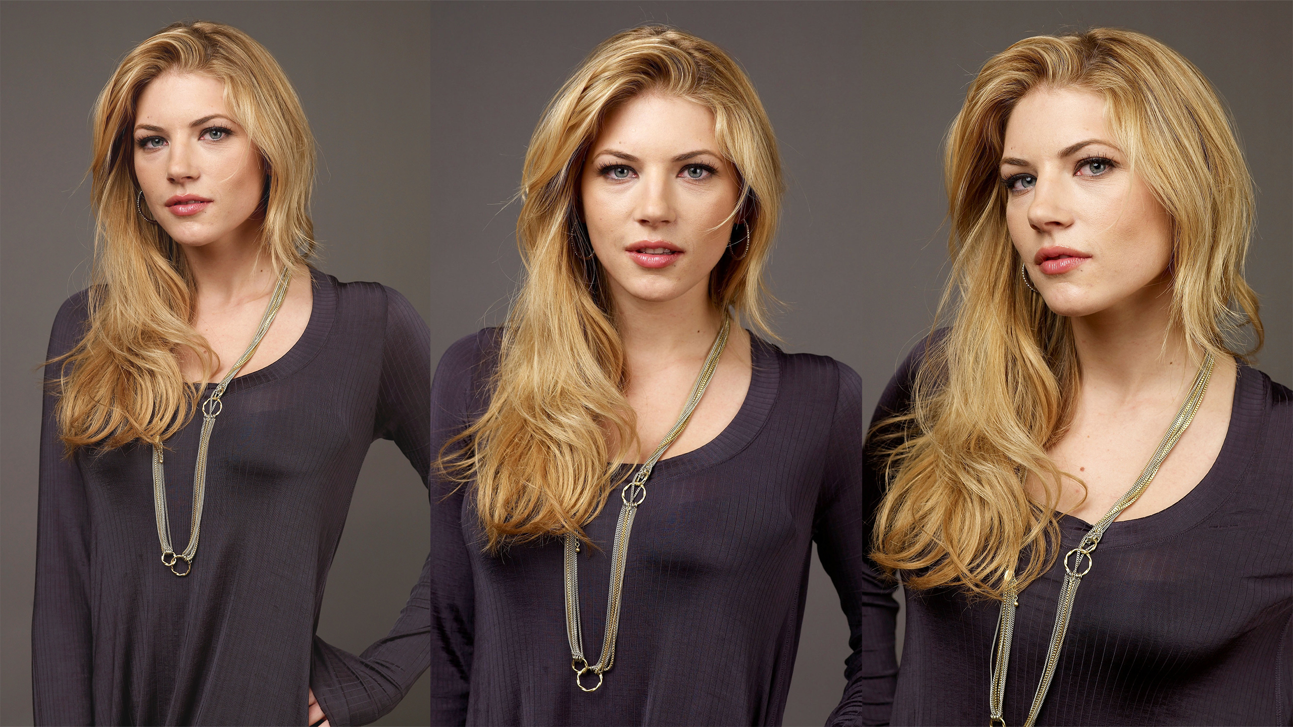 Women Collage Blonde Actress Katheryn Winnick Purple Top Canadian Canada Simple Background 2560x1440