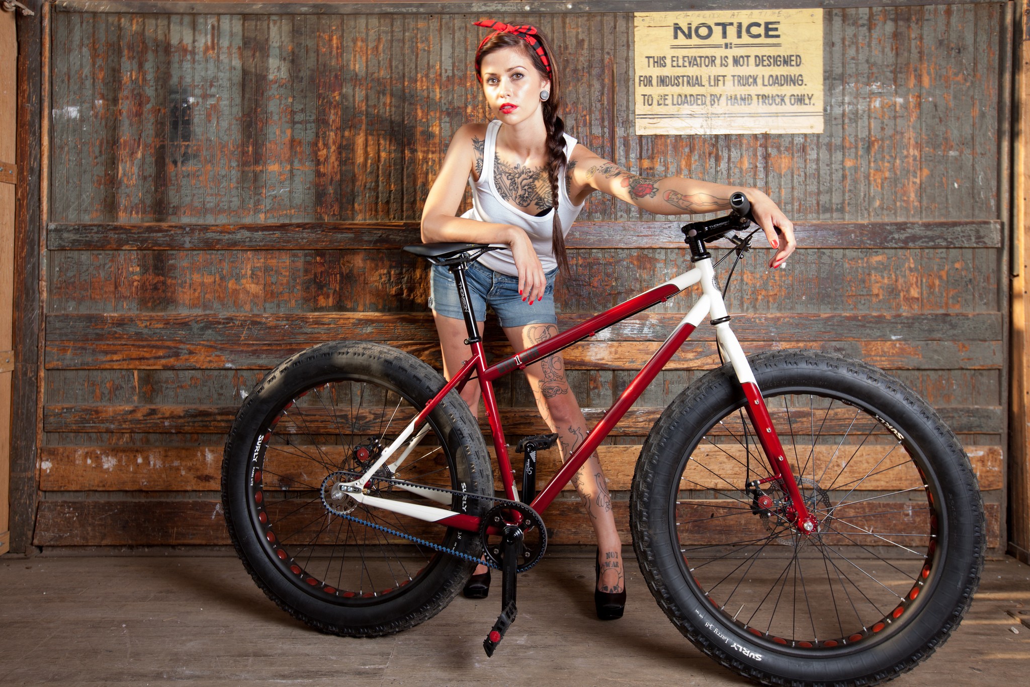 Women Model Women With Bicycles Tattoo Tank Top Hairband Braids Brunette Red Lipstick 2048x1365